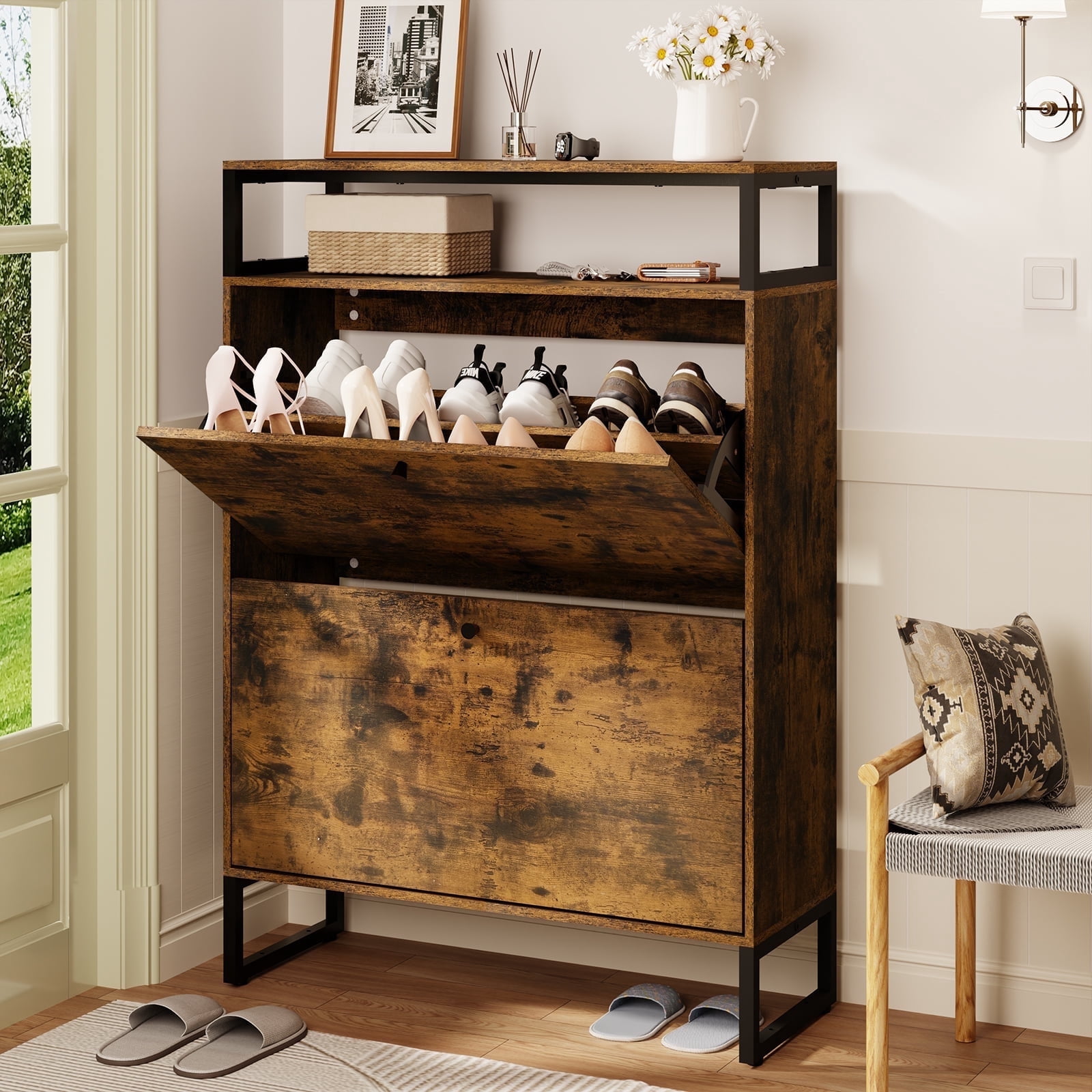 industrial wood and metal shoe rack entryway