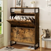 HOMMPA Shoe Cabinet with 2 Flip Drawers,Industrial Wood Shoe Storage Cabinet 6-Tier Customizable Storage Freestanding Narrow Shoe Rack Organizer with Metal Legs for Entryway, Hallway,Brown