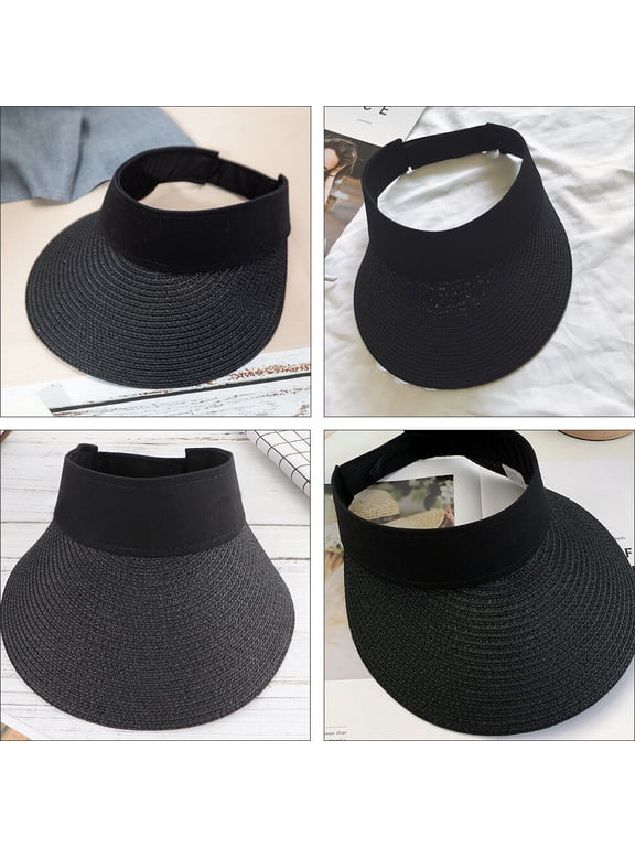 Black Folding Straw Sun Visor Hat Woven Design Shade 1 Pc