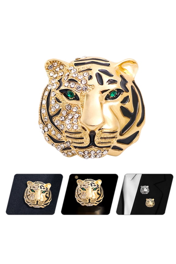 1Pcs Tiger Shaped Brooch Rhinestone Golden Zinc Alloy Decorative Clipping on Clothes Women Retro Style Banquet