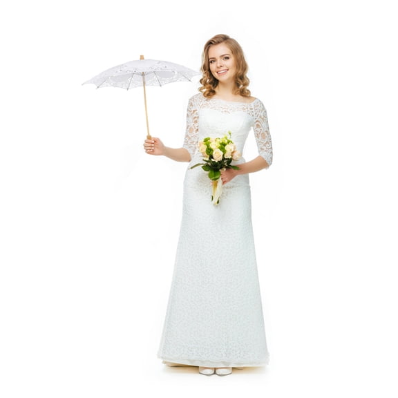 HOMOBABE 1Set White Bride Umbrella Lace with Wooden Handle for Bridal and Photography 11.8in
