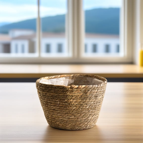 HOMOBABE Round Straw Weaving Plant Pot 1Pcs Khaki 11.8X7.1X5.5in for present Packaging