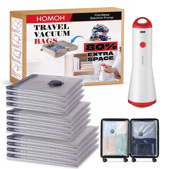 HOMOH Rechargeable Cordless Pump Travel Vacuum Storage Bags Set, 12 Pack Carry-on Size Compression Packing Bags for Luggage and Suitcase, Space Saver for Clothes and Clothing Travel