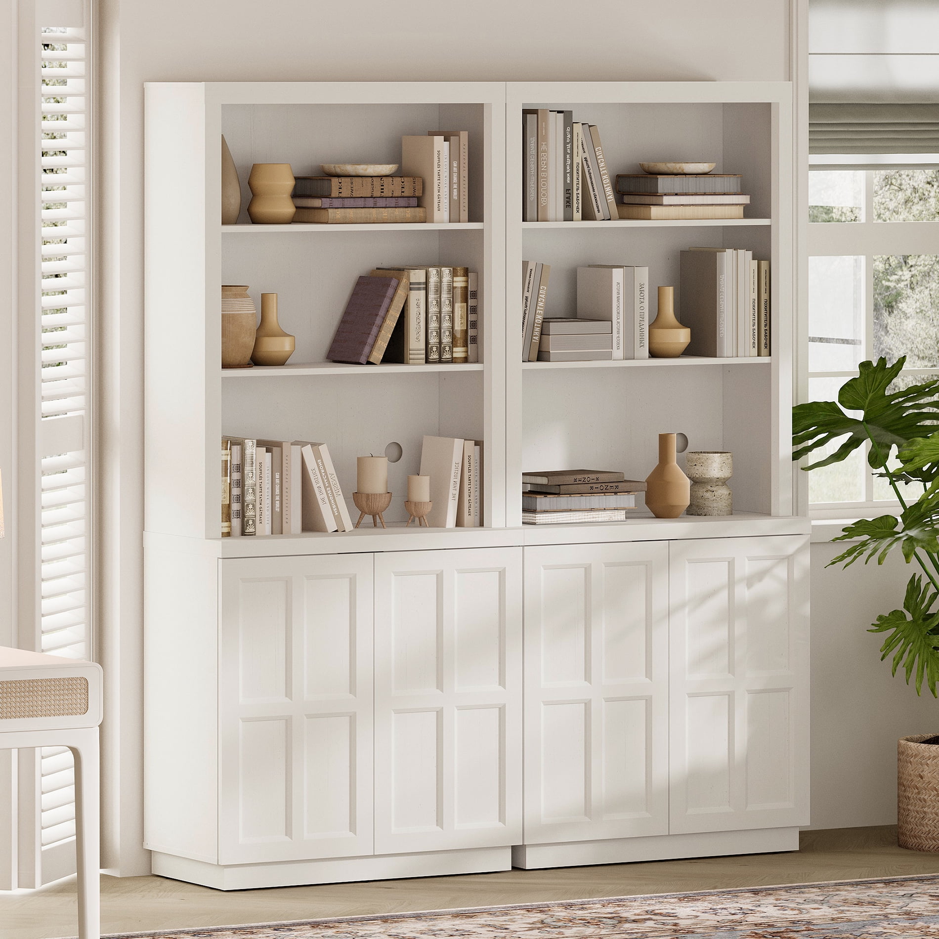 HOMOOI 2-in-1 Freestanding Bookcase, Boho Display Book Shelf with Open Adjustable Shelves & Rebound Handle-Free Doors,Thickened Anti-Wobble Wood Bookcase for Living Room,Home Office,White