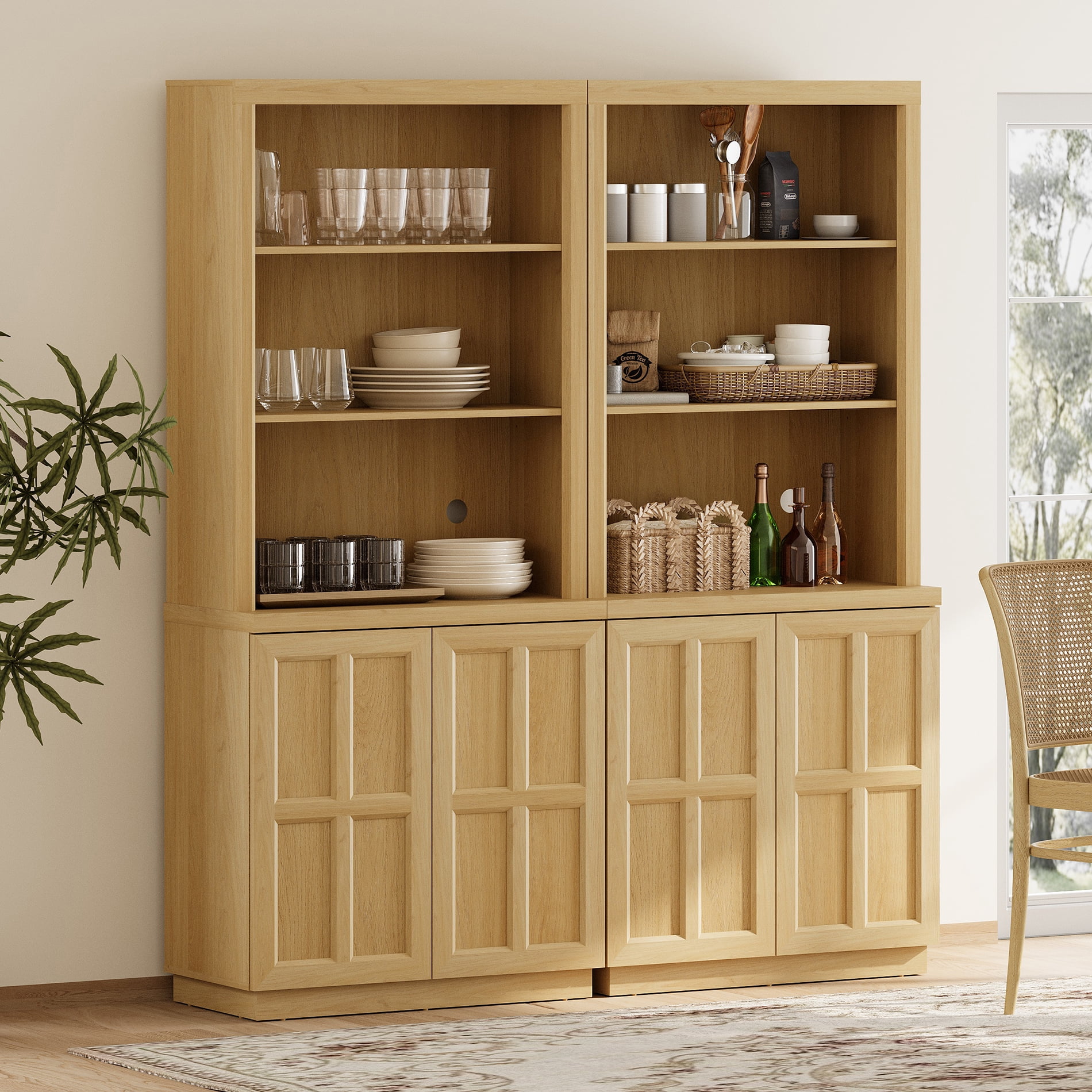 HOMOOI 2-in-1 Freestanding Pantry Cabinet, Boho Rustic Hutch with Open Display Shelves & Adjustable Inner Shelves, Anti-Wobble Wooden Storage Organizer for Kitchen, Dining Room, Entryway,Oak