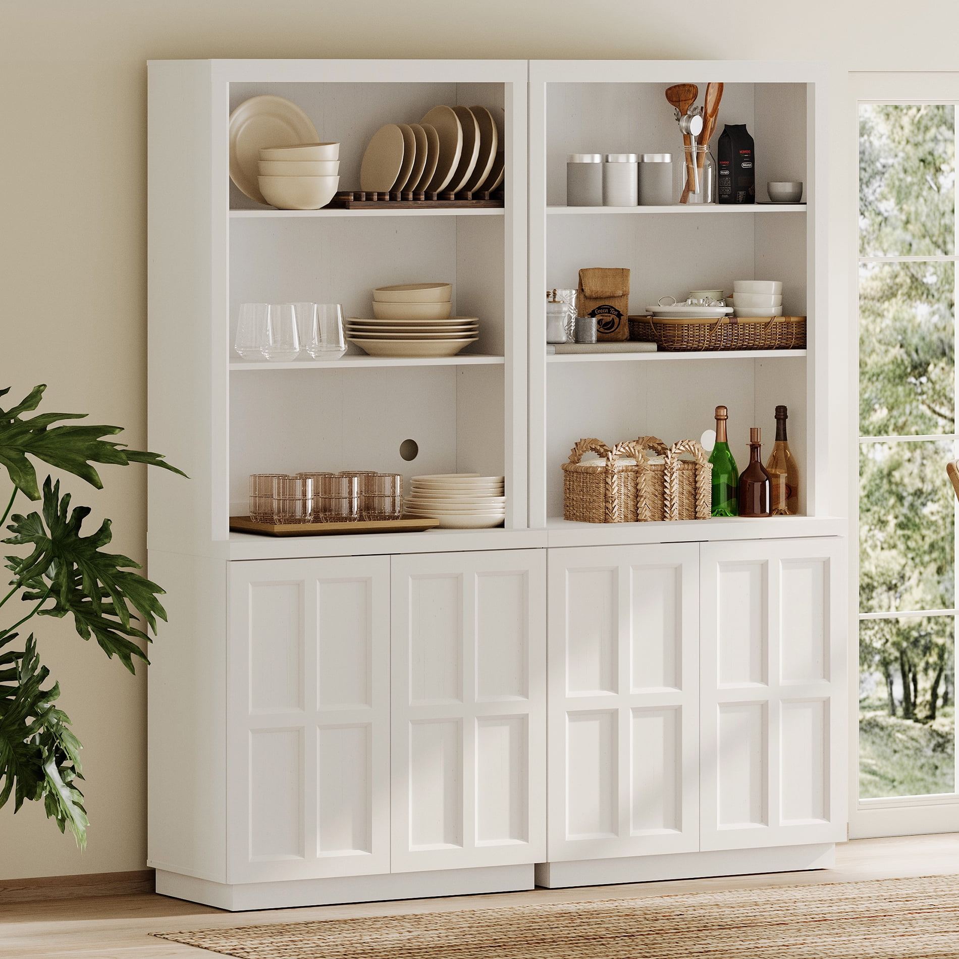 HOMOOI 2-in-1 Freestanding Pantry Cabinet, Boho Rustic Hutch with Open Display Shelves & Adjustable Inner Shelves, Anti-Wobble Wooden Storage Organizer for Kitchen, Dining Room, Entryway,White