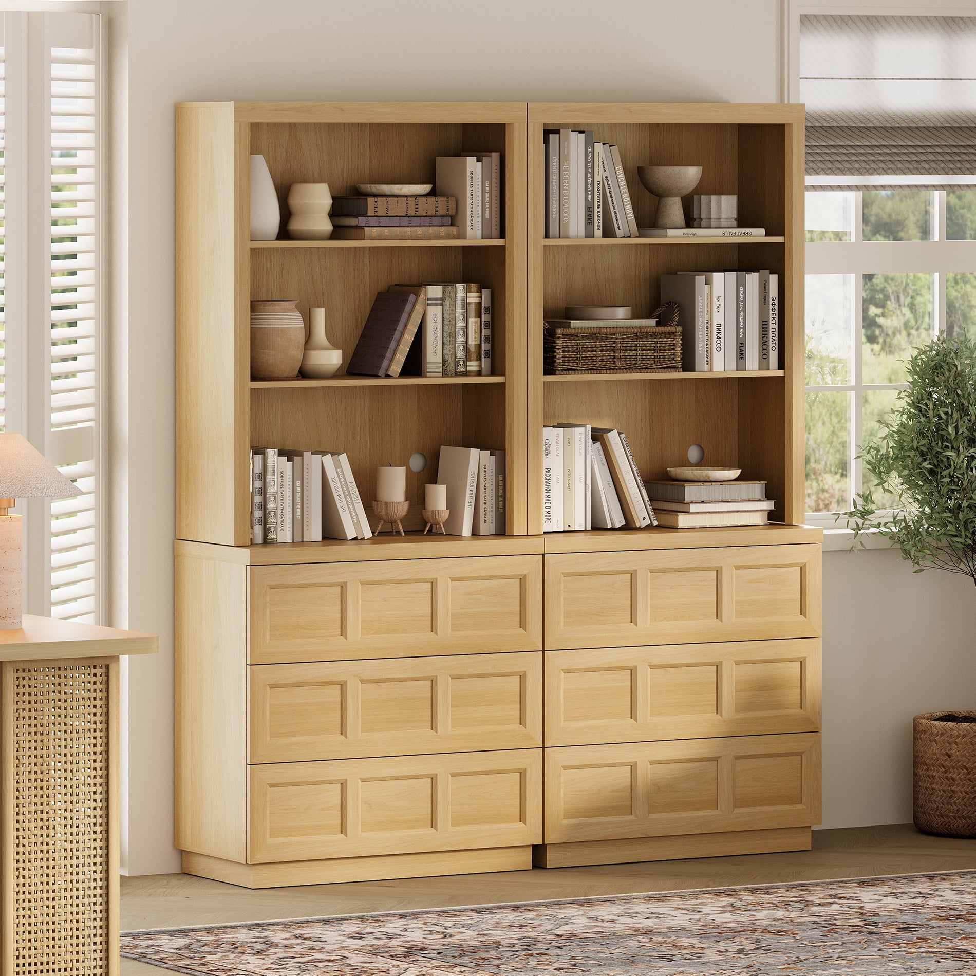 HOMOOI 2-in-1 Integrated Bookcase,Boho Rustic Wood Grain Freestanding Book Shelf with Open Display Shelves & 6 Rebound Handle-Free Drawers, Anti-Wobble Bookcase for Living Room,Home Office,Oak
