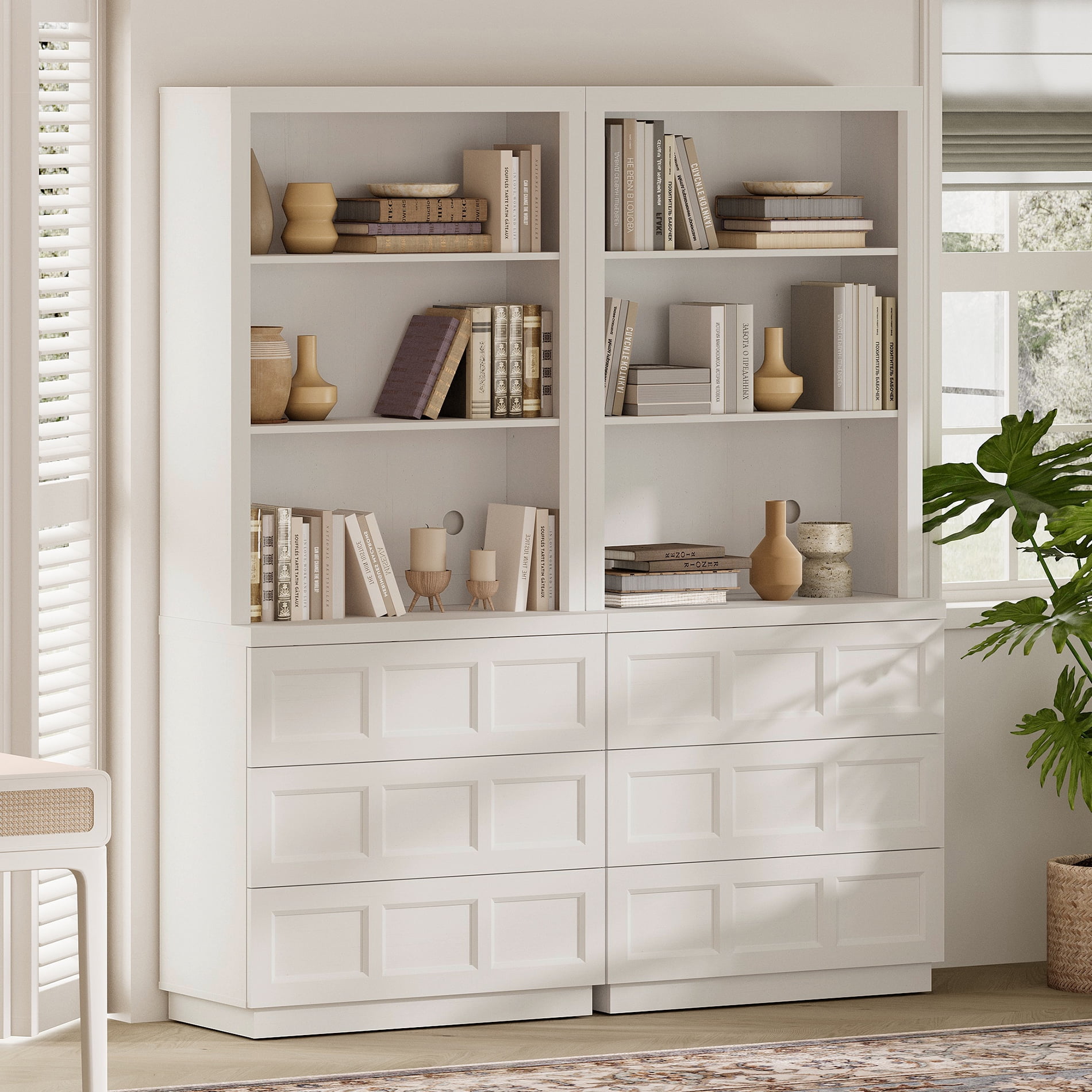 HOMOOI 2-in-1 Integrated Bookcase,Boho Rustic Wood Grain Freestanding Book Shelf with Open Display Shelves & 6 Rebound Handle-Free Drawers, Anti-Wobble Bookcase for Living Room,Home Office,White