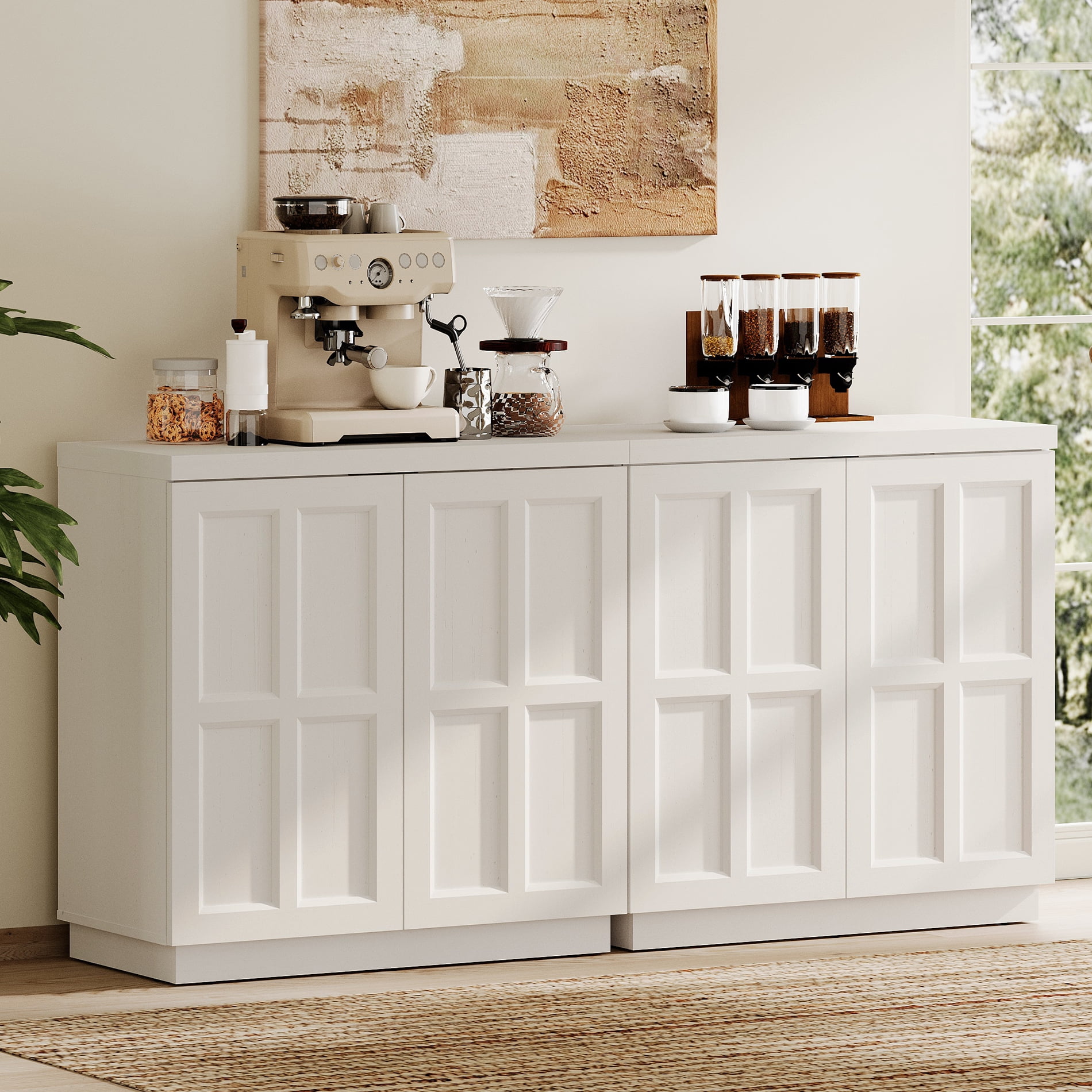 HOMOOI 2-in-1 Sideboard Buffet Cabinet with Cabinets and Adjustable Shelves,Boho 63" Heavy-Duty Wood Coffee Bar Cabinet,Modern Console Table for Kitchen, Dining Room, Living Room,White