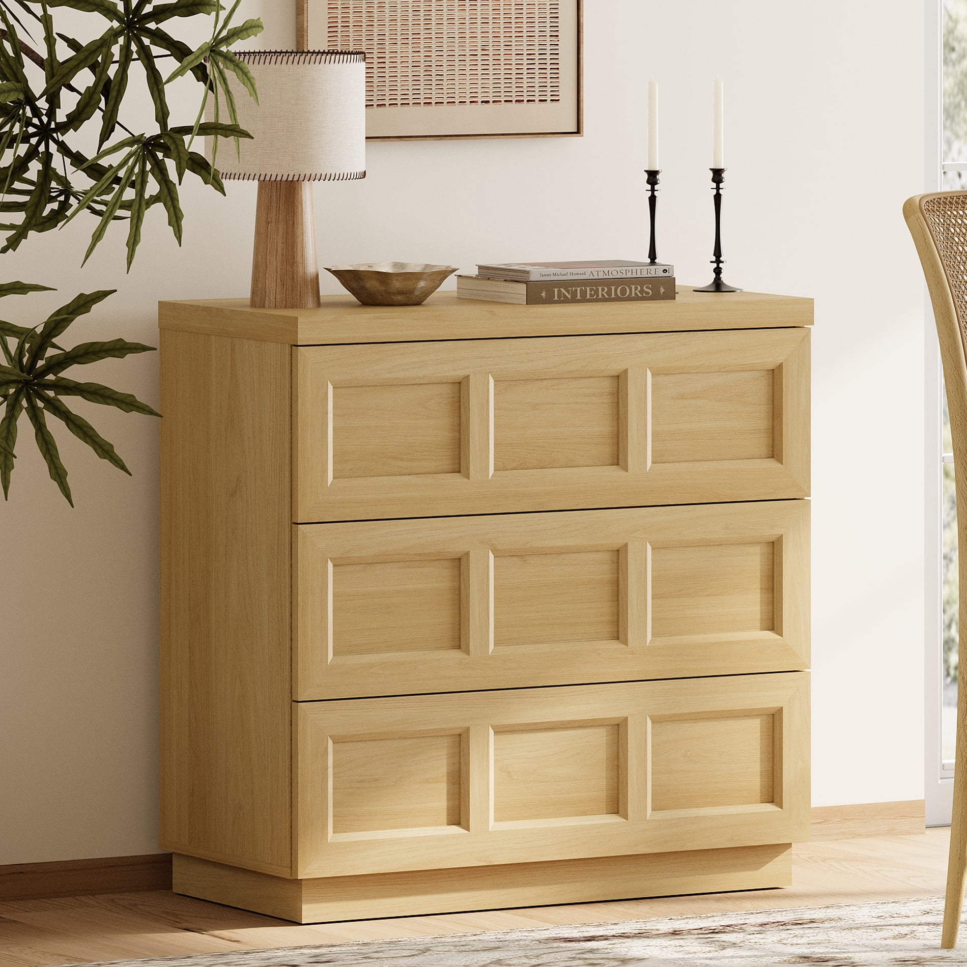 HOMOOI 3-Drawer Sideboard Cabinet, Boho 31.5" Thickened Wood Storage Buffet Console with Pop-Up Rebound Drawers, Smooth Silent Gliding Design, Anti-Wobble Stable Accent Cabinet for Dining Room,Oak