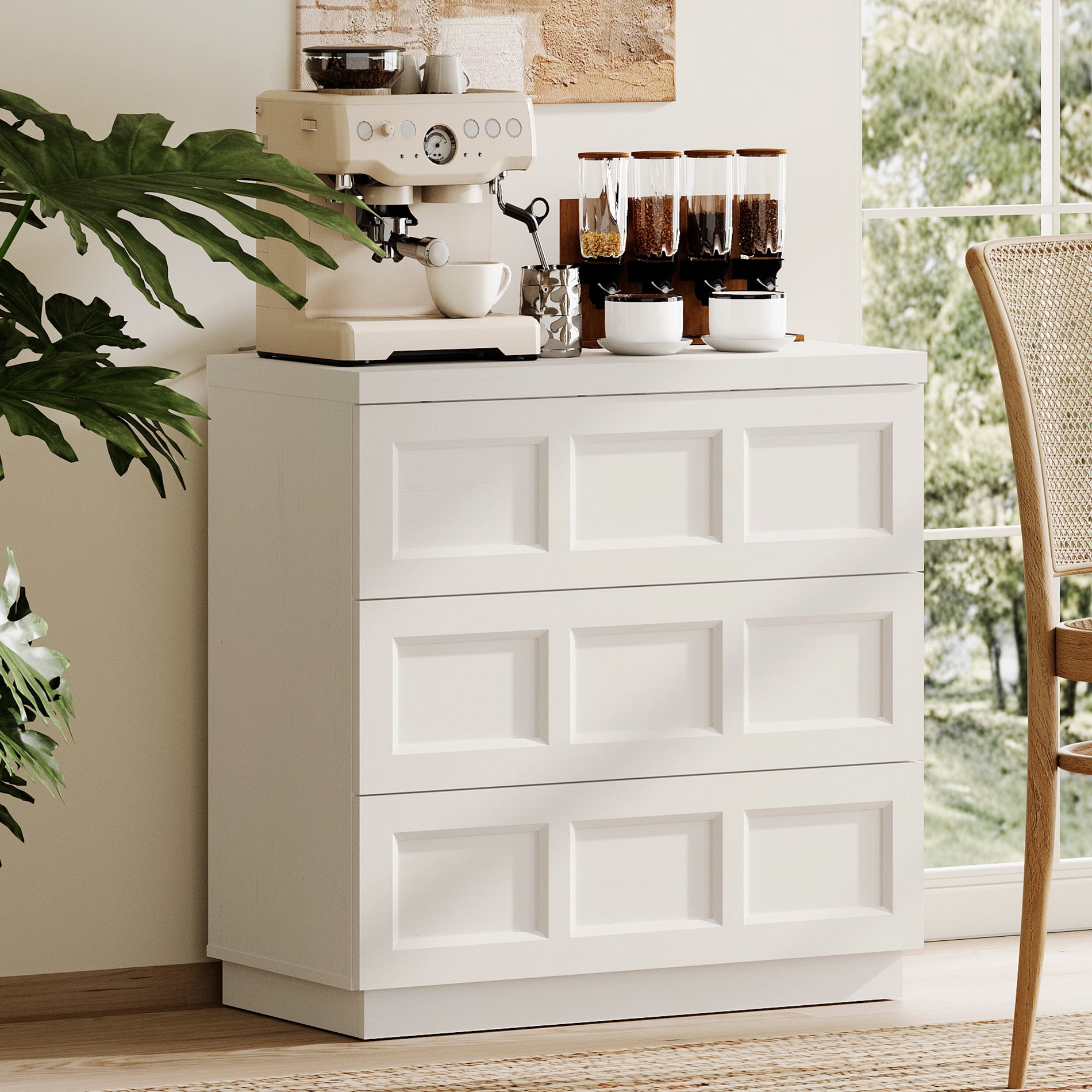 HOMOOI 3-Drawer Sideboard Cabinet, Boho 31.5" Thickened Wood Storage Buffet Console with Pop-Up Rebound Drawers, Smooth Silent Gliding Design, Anti-Wobble Stable Accent Cabinet for Dining Room,White