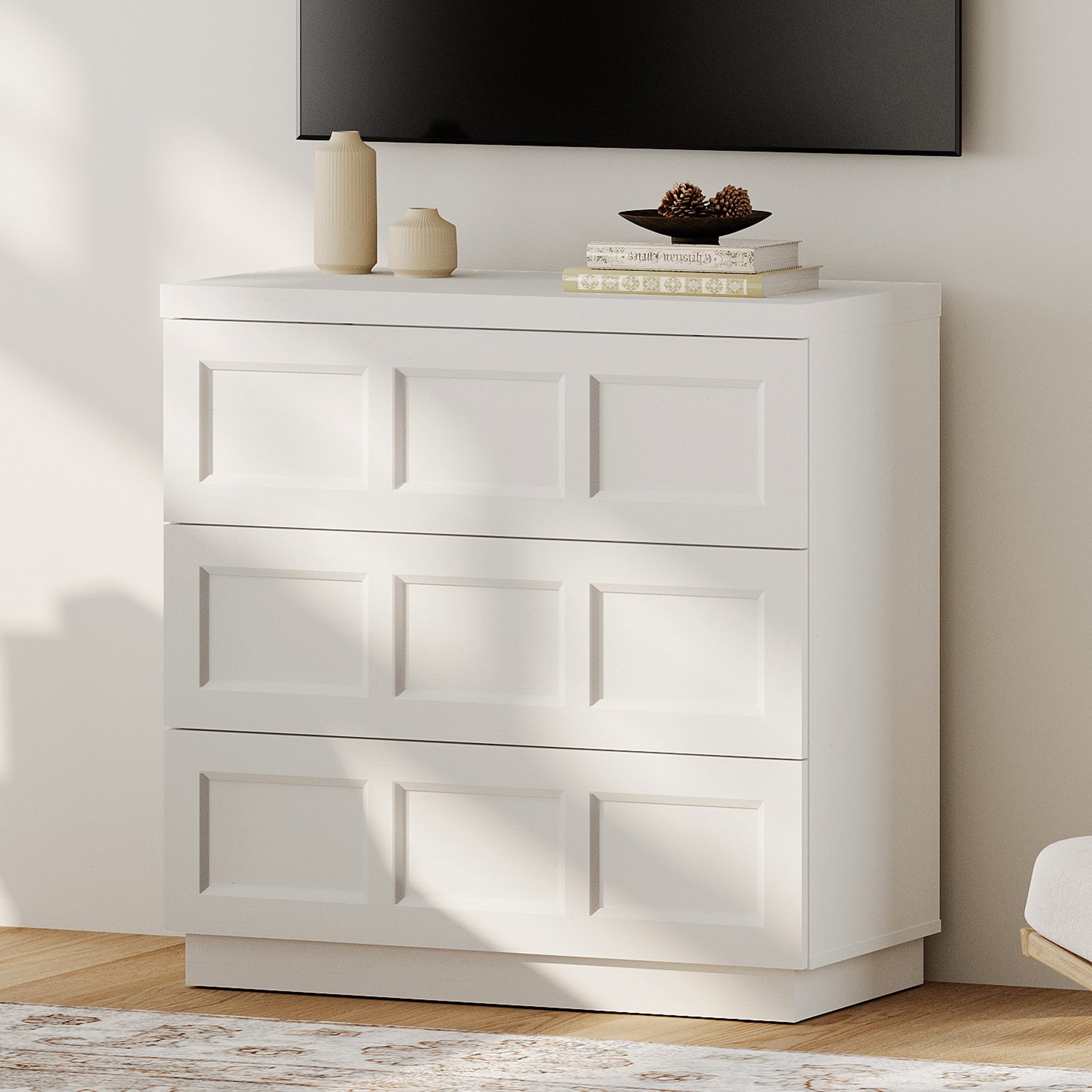 HOMOOI 3-Drawer TV Stand for 26-40" TV, Boho Thickened Wood Media Console With Smooth Silent Gliding Drawers, Anti-Wobble Stable Entertainment Center for Living Room,White