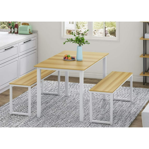 HOMOOI 3 Pieces Kitchen Table with 2 Benches,Dining Table Set for 4,Natural