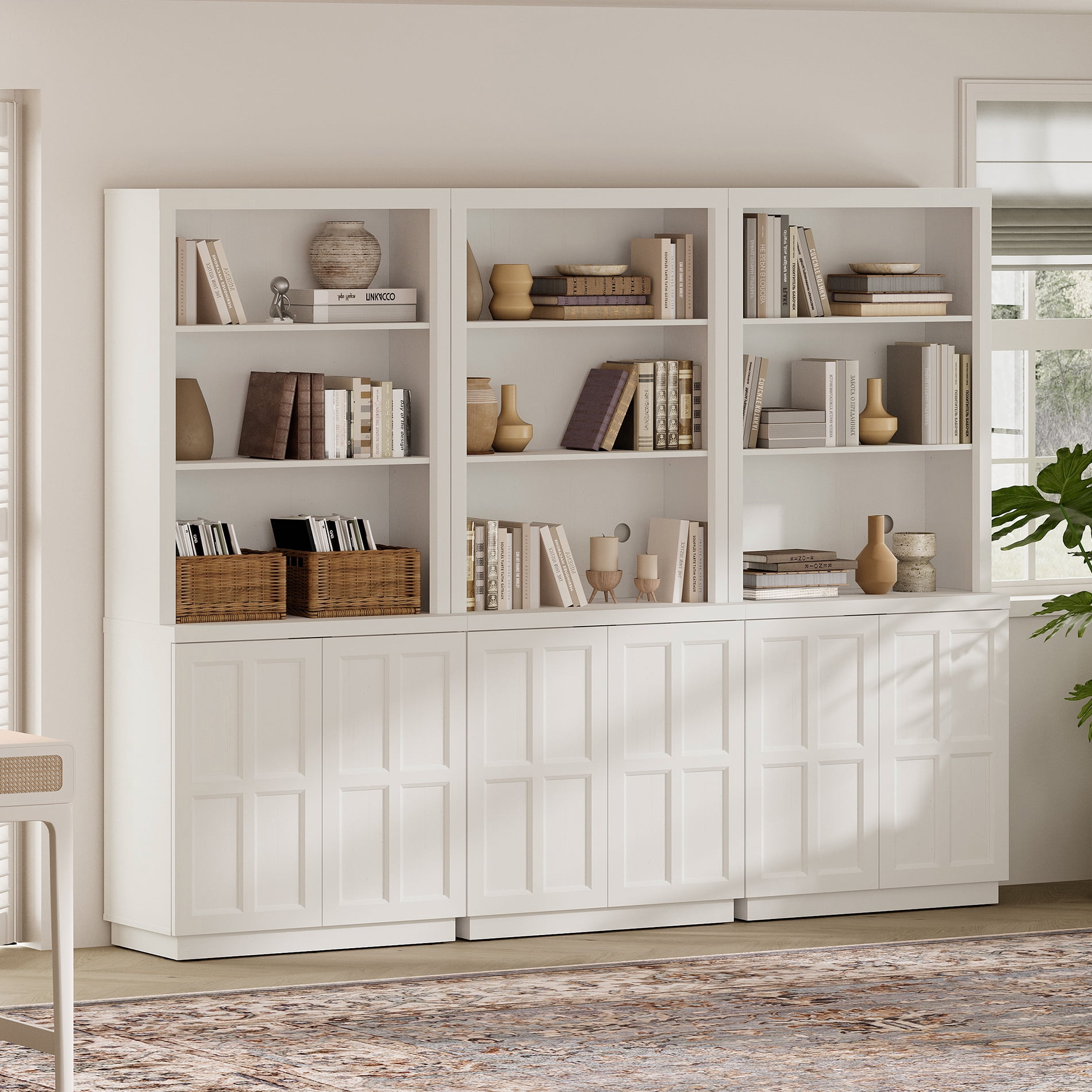 HOMOOI 3-in-1 Freestanding Bookcase, Boho Display Book Shelf with Open Adjustable Shelves & Rebound Handle-Free Doors,Thickened Anti-Wobble Wood Bookcase for Living Room,Home Office,White