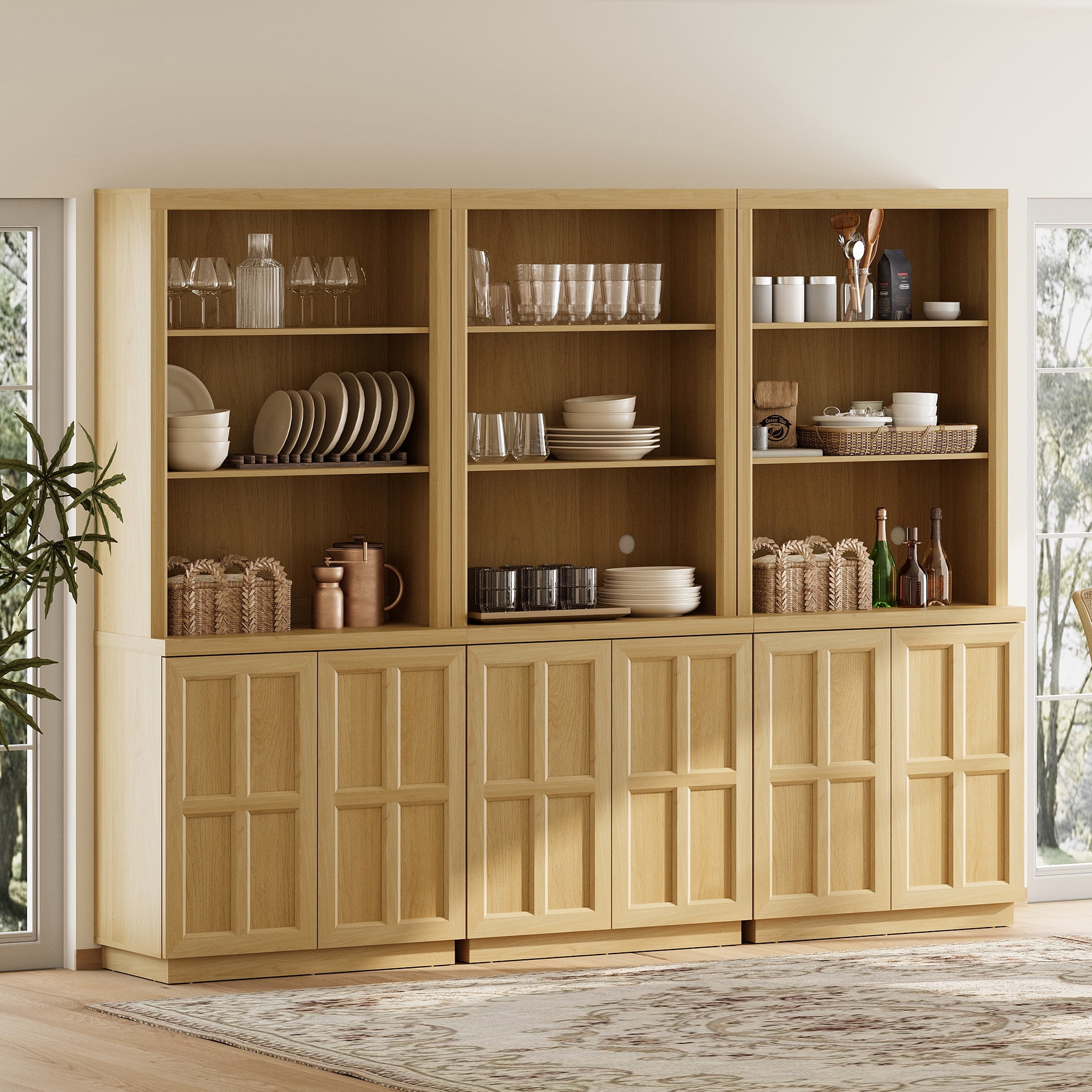 HOMOOI 3-in-1 Freestanding Pantry Cabinet, Boho Rustic Hutch with Open Display Shelves & Adjustable Inner Shelves, Anti-Wobble Wooden Storage Organizer for Kitchen, Dining Room, Entryway,Oak