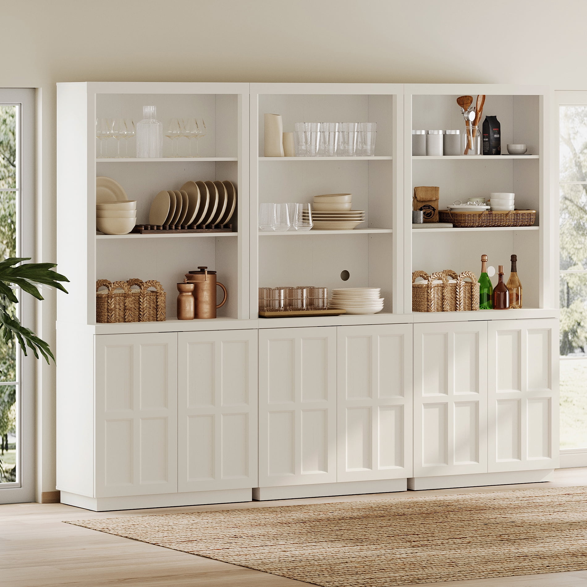 HOMOOI 3-in-1 Freestanding Pantry Cabinet, Boho Rustic Hutch with Open Display Shelves & Adjustable Inner Shelves, Anti-Wobble Wooden Storage Organizer for Kitchen, Dining Room, Entryway,White