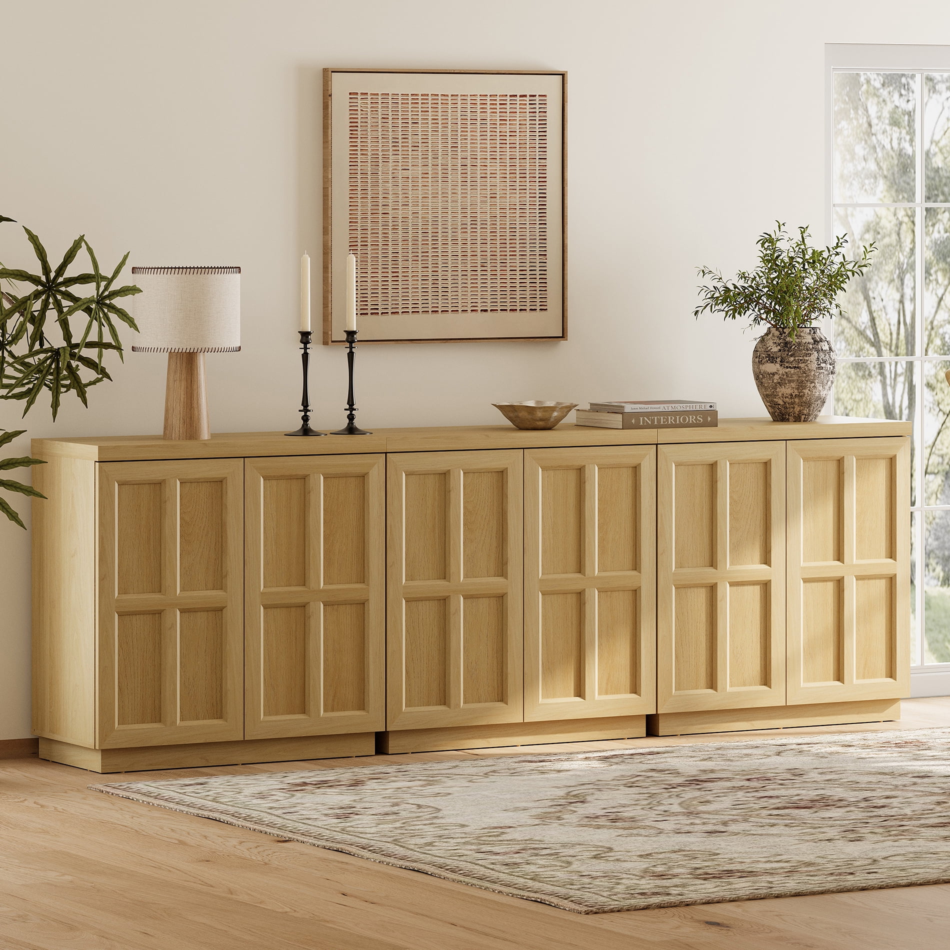 HOMOOI 3-in-1 Sideboard Buffet Cabinet with Cabinets and Adjustable Shelves,Boho 94.5" Heavy-Duty Wood Coffee Bar Cabinet,Modern Console Table for Kitchen, Dining Room, Living Room,Oak