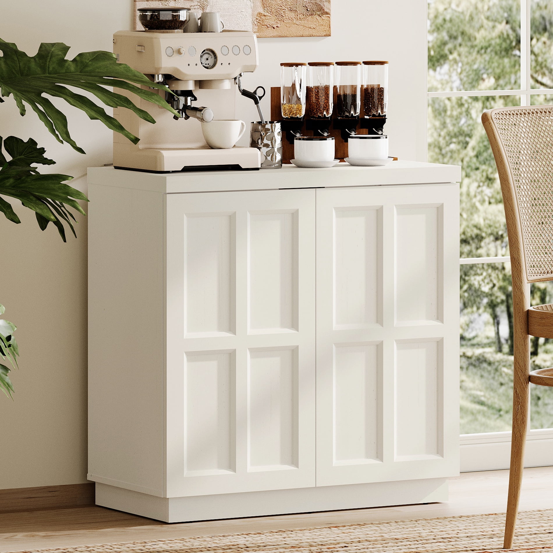 HOMOOI 31.5" Sideboard Buffet Cabinet with Cabinets and Adjustable Shelves,Boho Heavy-Duty Wood Coffee Bar Cabinet,Modern Console Table for Kitchen, Dining Room, Living Room,White