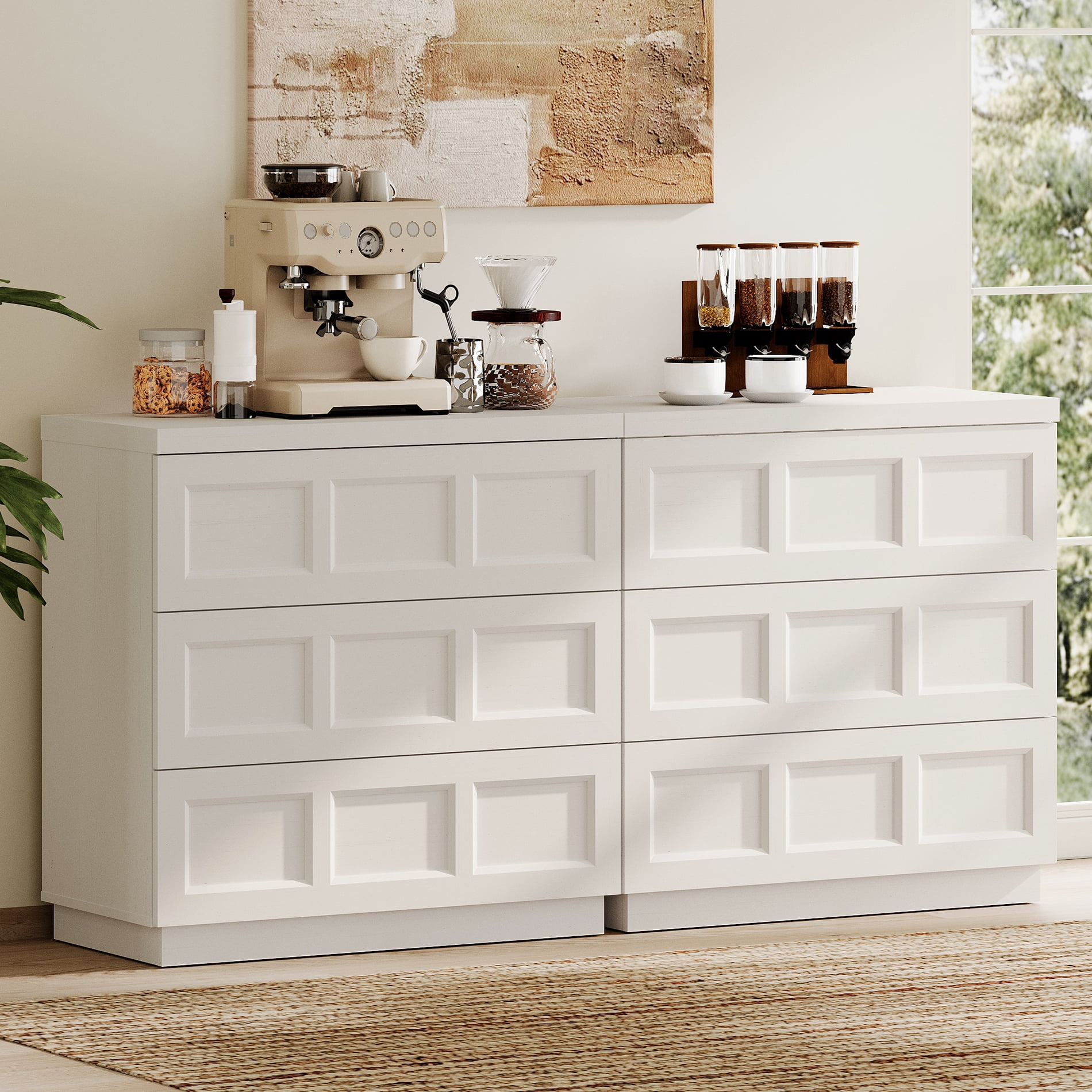 HOMOOI 6-Drawer Sideboard Cabinet, Boho 63" Thickened Wood Storage Buffet Console with Pop-Up Rebound Drawers, Smooth Silent Gliding Design, Anti-Wobble Stable Accent Cabinet for Dining Room,White