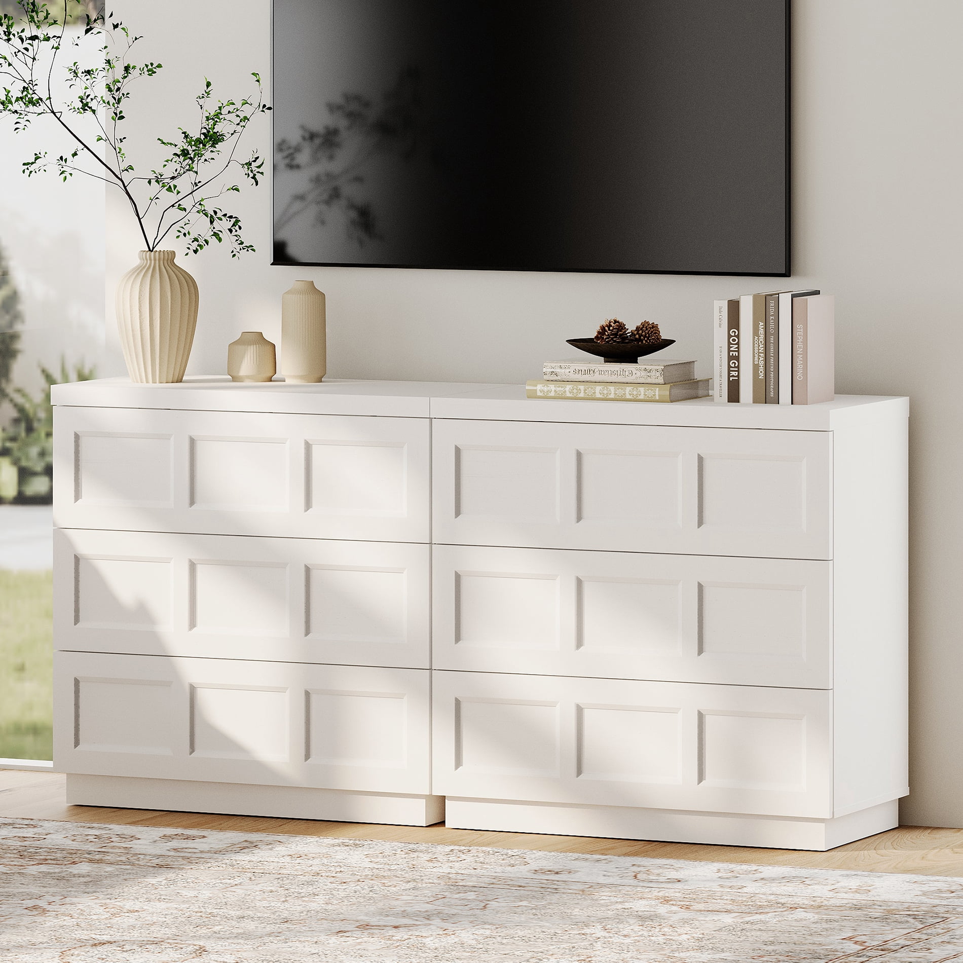 HOMOOI 6-Drawer TV Stand for 40-70" TV, Boho 2 in 1 Thickened Wood Media Console With Smooth Silent Gliding Drawers, Anti-Wobble Stable Entertainment Center for Living Room,White