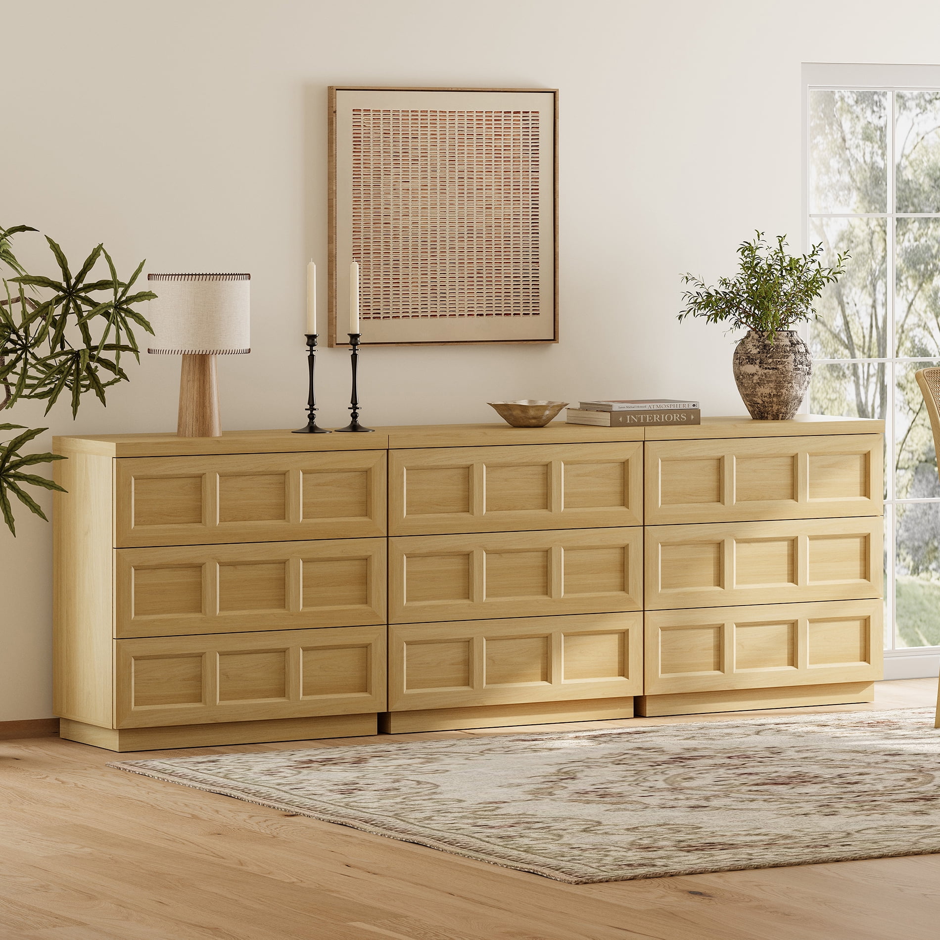 HOMOOI 9-Drawer Sideboard Cabinet, Boho 94.5" Thickened Wood Storage Buffet Console with Pop-Up Rebound Drawers, Smooth Silent Gliding Design, Anti-Wobble Stable Accent Cabinet for Dining Room,Oak