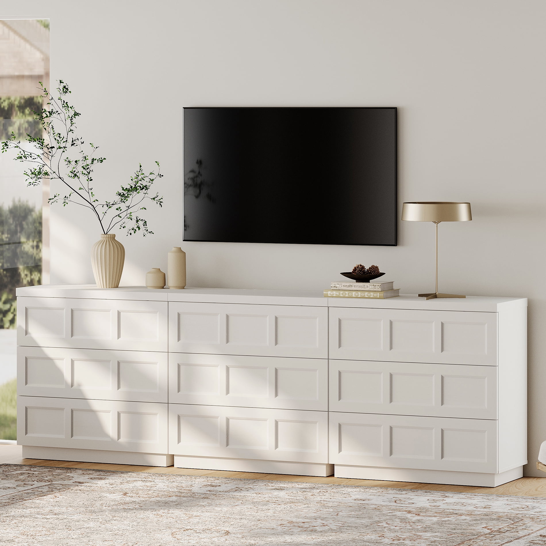 HOMOOI 9-Drawer TV Stand for 70-100" TV, Boho 3 in 1 Thickened Wood Media Console With Smooth Silent Gliding Drawers, Anti-Wobble Stable Entertainment Center for Living Room,White
