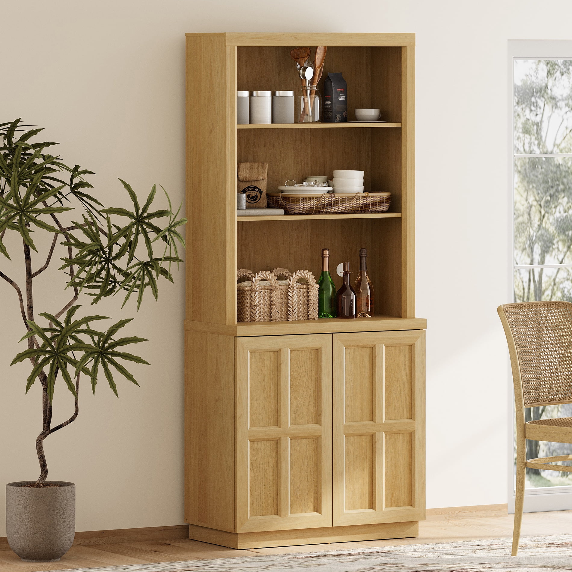 HOMOOI Freestanding Pantry Cabinet, Boho Rustic Hutch with Open Display Shelves & Adjustable Inner Shelves, Anti-Wobble Wooden Storage Organizer for Kitchen, Dining Room, Entryway,Oak