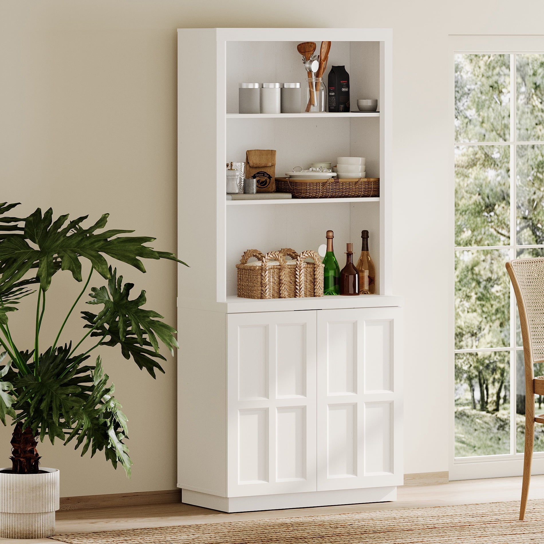 HOMOOI Freestanding Pantry Cabinet, Boho Rustic Hutch with Open Display Shelves & Adjustable Inner Shelves, Anti-Wobble Wooden Storage Organizer for Kitchen, Dining Room, Entryway,White