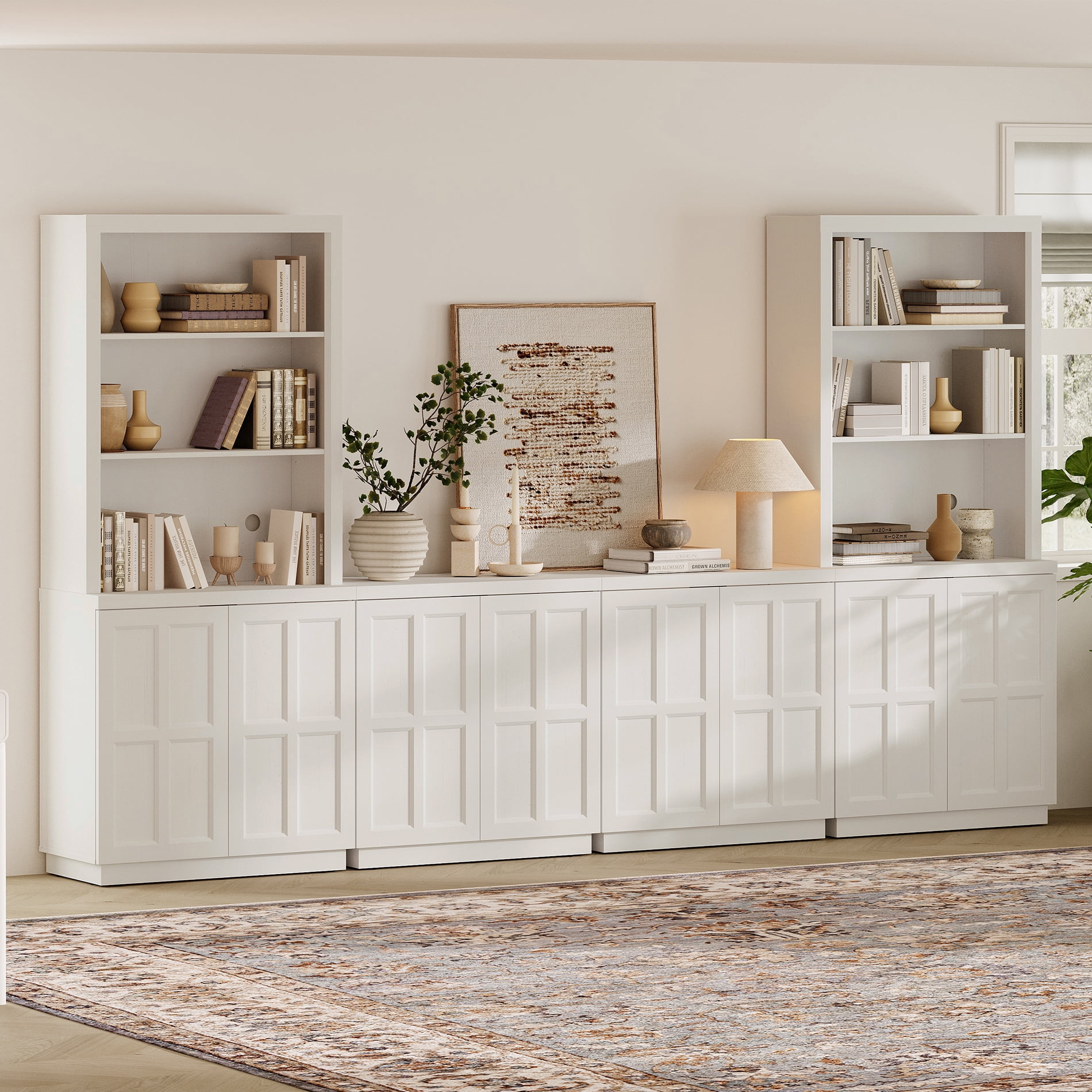 HOMOOI Integrated Bookcase,Boho Freestanding Bookshelf with Open Display Shelves, Adjustable Shelf & Handle-Free Rebound Door, Sturdy Rustic Wood Bookcase for Living Room,Home Office,White