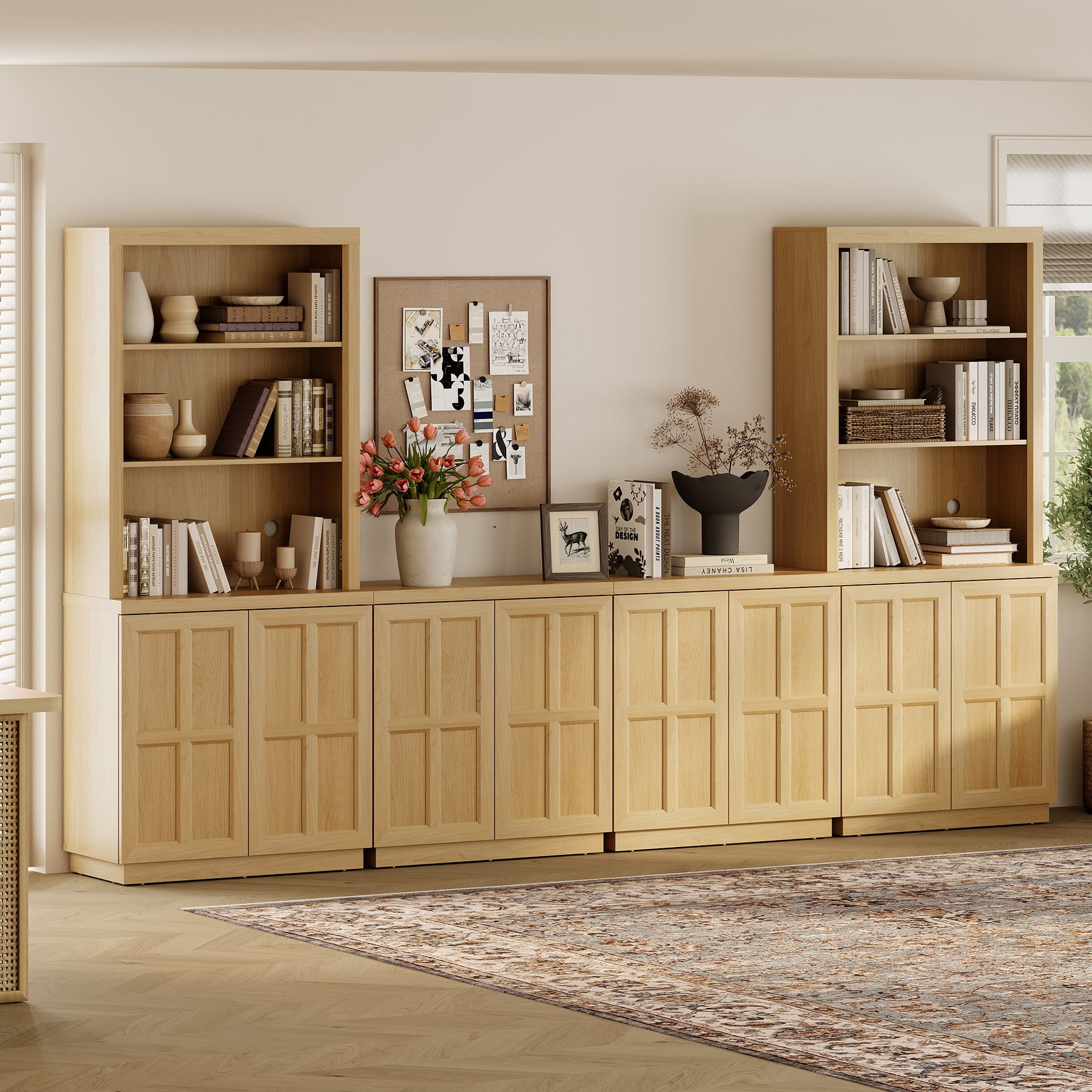 HOMOOI Integrated Bookcase,Boho Freestanding Bookshelf with Open Display Shelves, Adjustable Shelf & Handle-Free Rebound Door, Sturdy Rustic Wood Bookcase for Living Room,Home Office,Oak