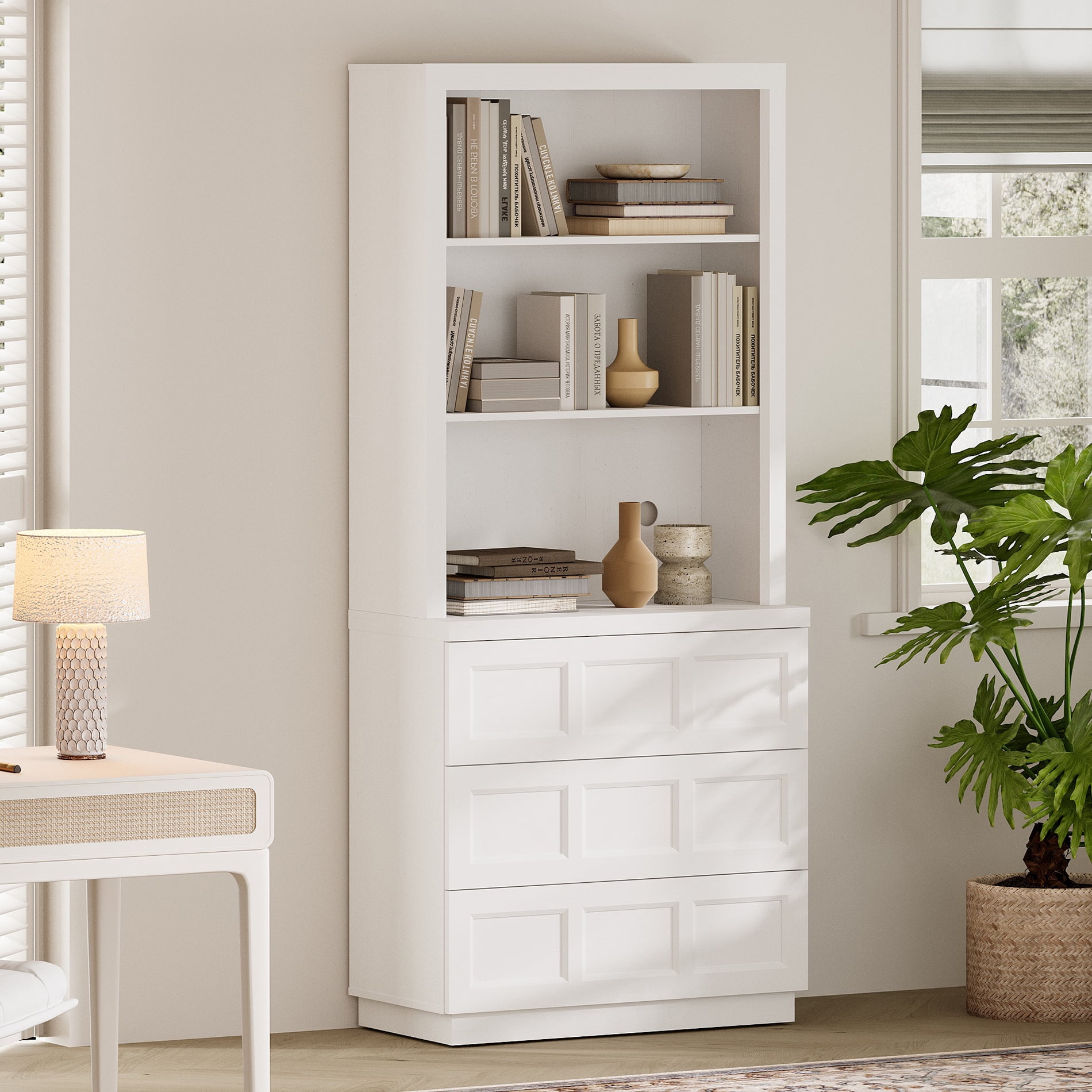 HOMOOI Integrated Bookcase,Boho Rustic Wood Grain Freestanding Book Shelf with Open Display Shelves & 3 Rebound Handle-Free Drawers, Anti-Wobble Bookcase for Living Room,Home Office,White
