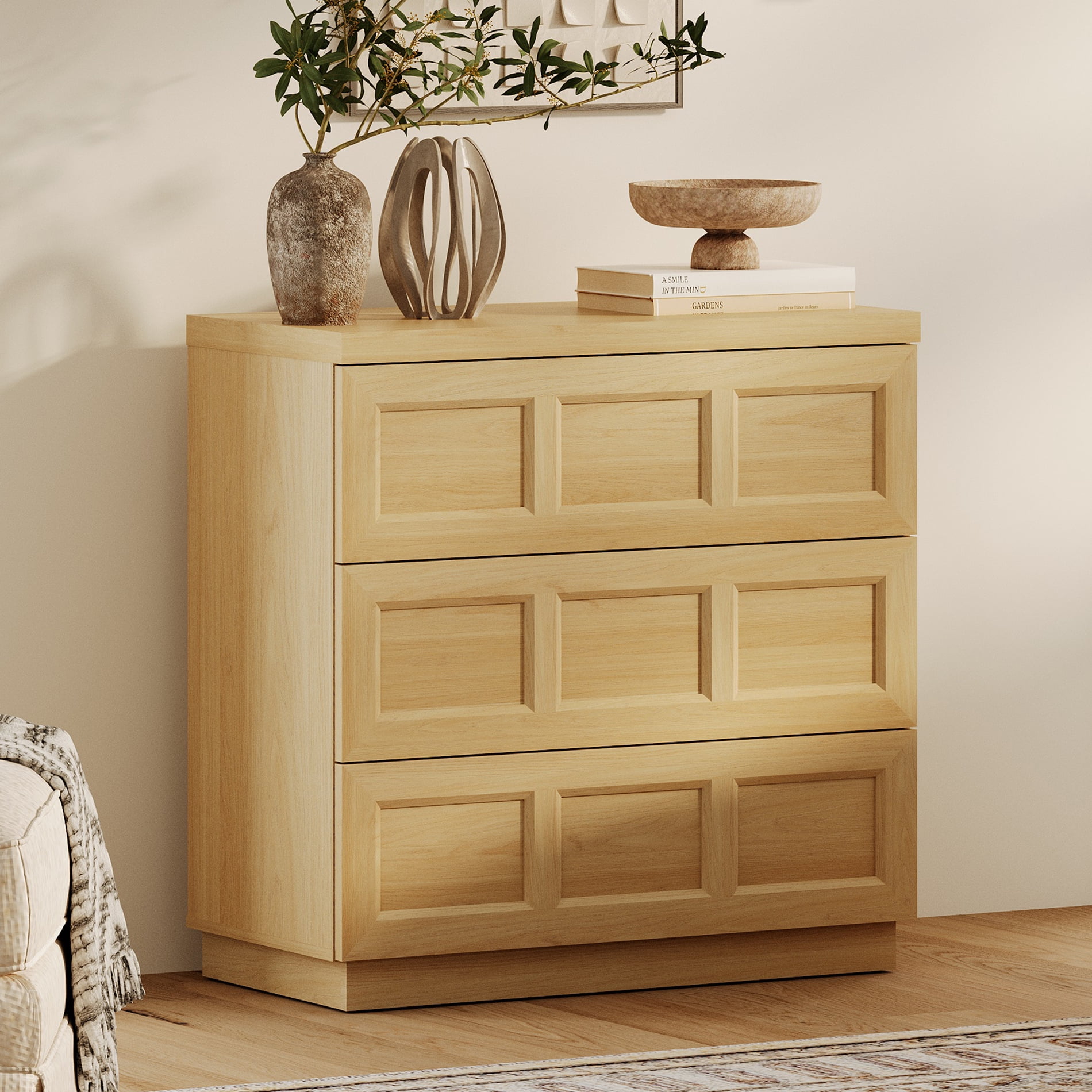 HOMOOI Modern Wood Dresser,Boho 31.5" Anti-Wobble Silent Storage Dresser with 3 Pop-Up Handle-Free Chest of Drawers，for Bedroom, Living Room,Oak