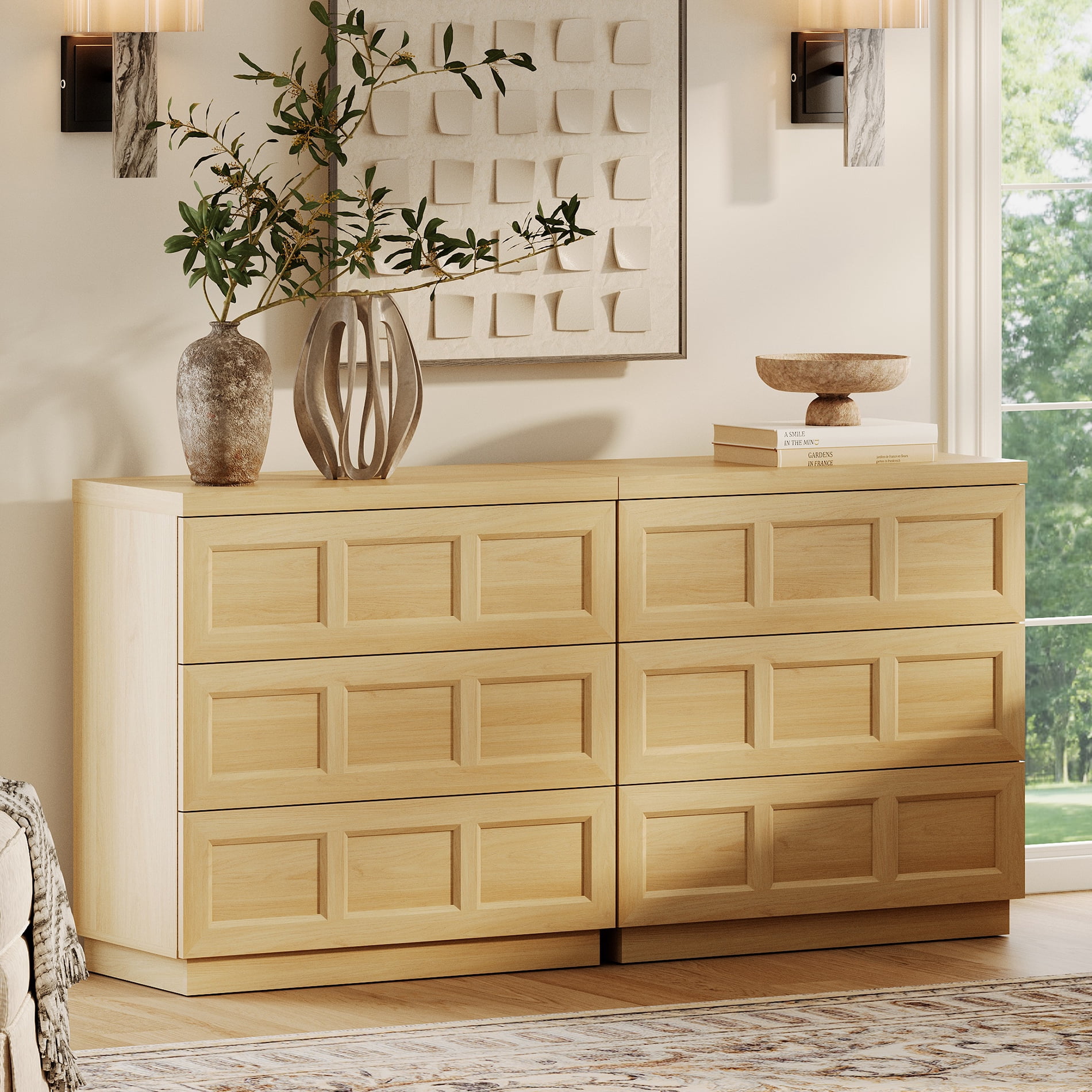 HOMOOI Modern Wood Dresser,Boho 63" Anti-Wobble Silent Storage Dresser with 6 Pop-Up Handle-Free Chest of Drawers，for Bedroom, Living Room,Oak