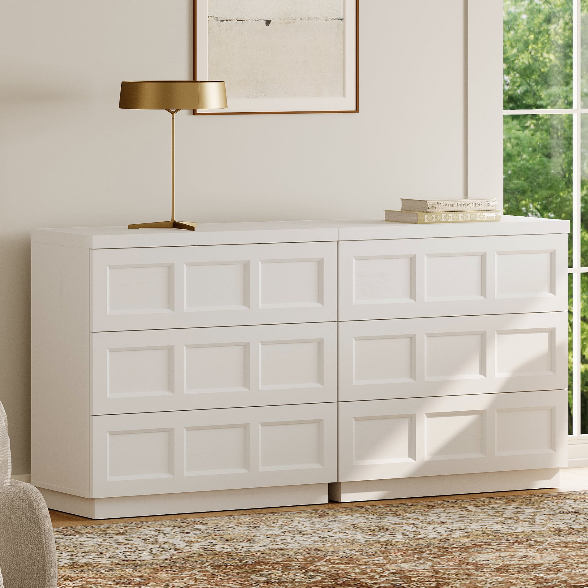 HOMOOI Modern Wood Dresser,Boho 63" Anti-Wobble Silent Storage Dresser with 6 Pop-Up Handle-Free Chest of Drawers，for Bedroom, Living Room,White