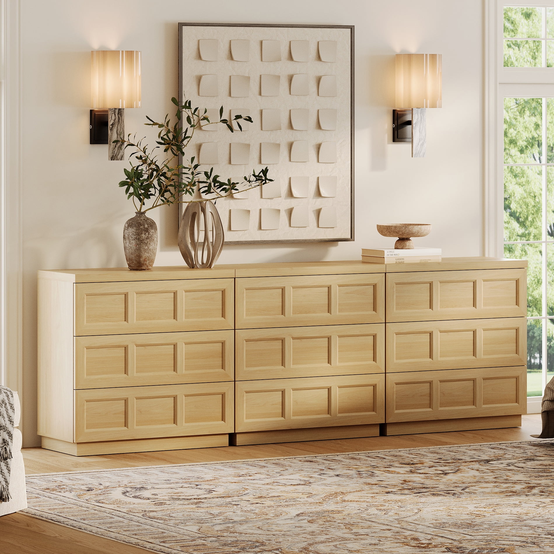 HOMOOI Modern Wood Dresser,Boho 94.5" Anti-Wobble Silent Storage Dresser with 9 Pop-Up Handle-Free Chest of Drawers，for Bedroom, Living Room,Oak