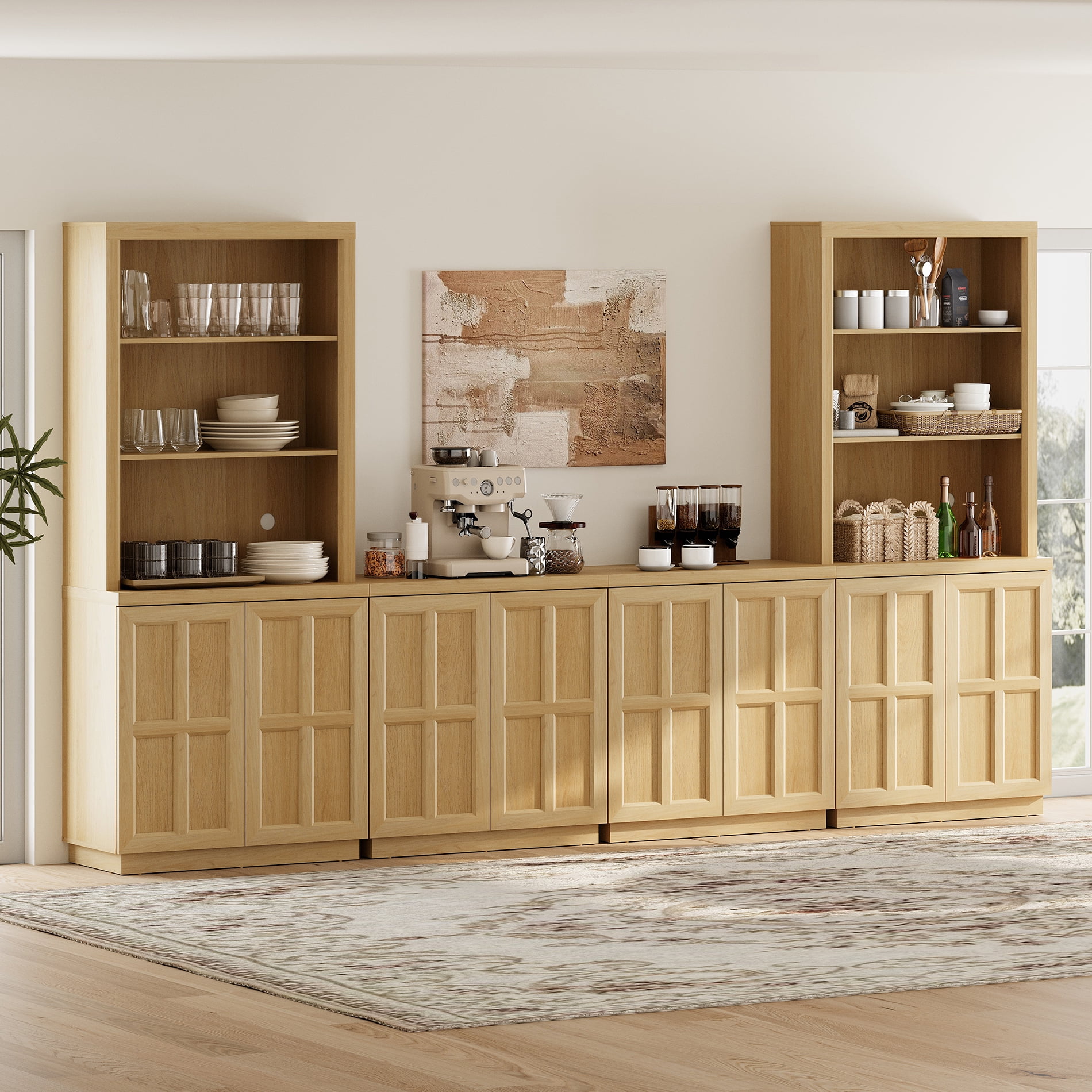 HOMOOI Pantry Cabinet,Boho Combined Kitchen Storage Hutch with 2 Upper Bookshelves Tops & 4-in-1 Cabinet with adjustable Shelves, Anti-Wobble Storage Organizer for Kitchen,Dining Room,Entryway,Oak
