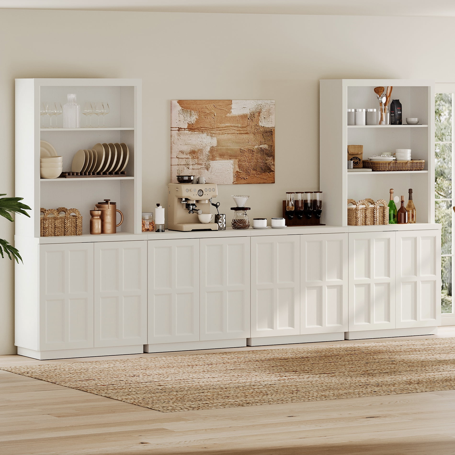 HOMOOI Pantry Cabinet,Boho Combined Kitchen Storage Hutch with 2 Upper Bookshelves Tops & 4-in-1 Cabinet with adjustable Shelves, Anti-Wobble Storage Organizer for Kitchen,Dining Room,Entryway,White
