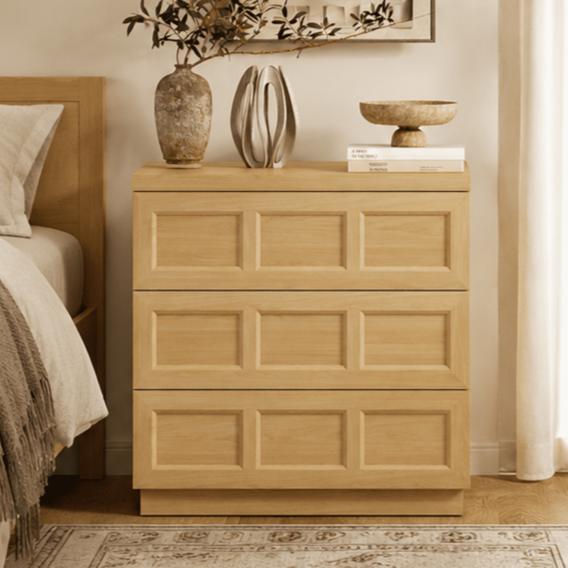 HOMOOI Rustic Nightstand with 3 Drawers, Boho Thickened Wood Bedside Cabinet with Smooth Gliding Drawers, Modern Anti-Wobble Side End Table for Bedroom，Oak