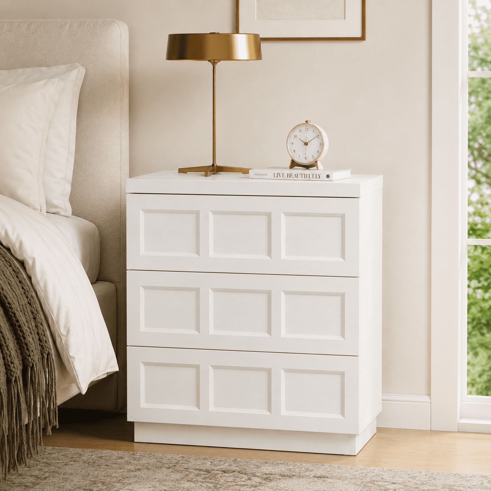 HOMOOI Rustic Nightstand with 3 Drawers, Boho Thickened Wood Bedside Cabinet with Smooth Gliding Drawers, Modern Anti-Wobble Side End Table for Bedroom，White