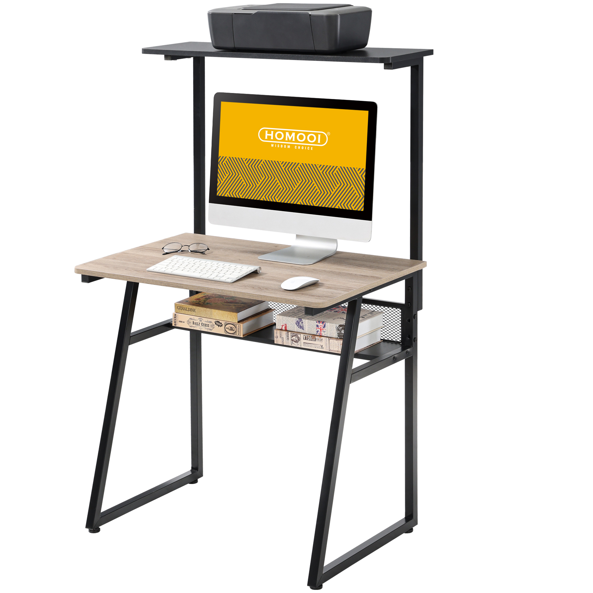 HOMOOI Small Computer Desk with Height Adjustable Printer Shelf and Shelf, Oak