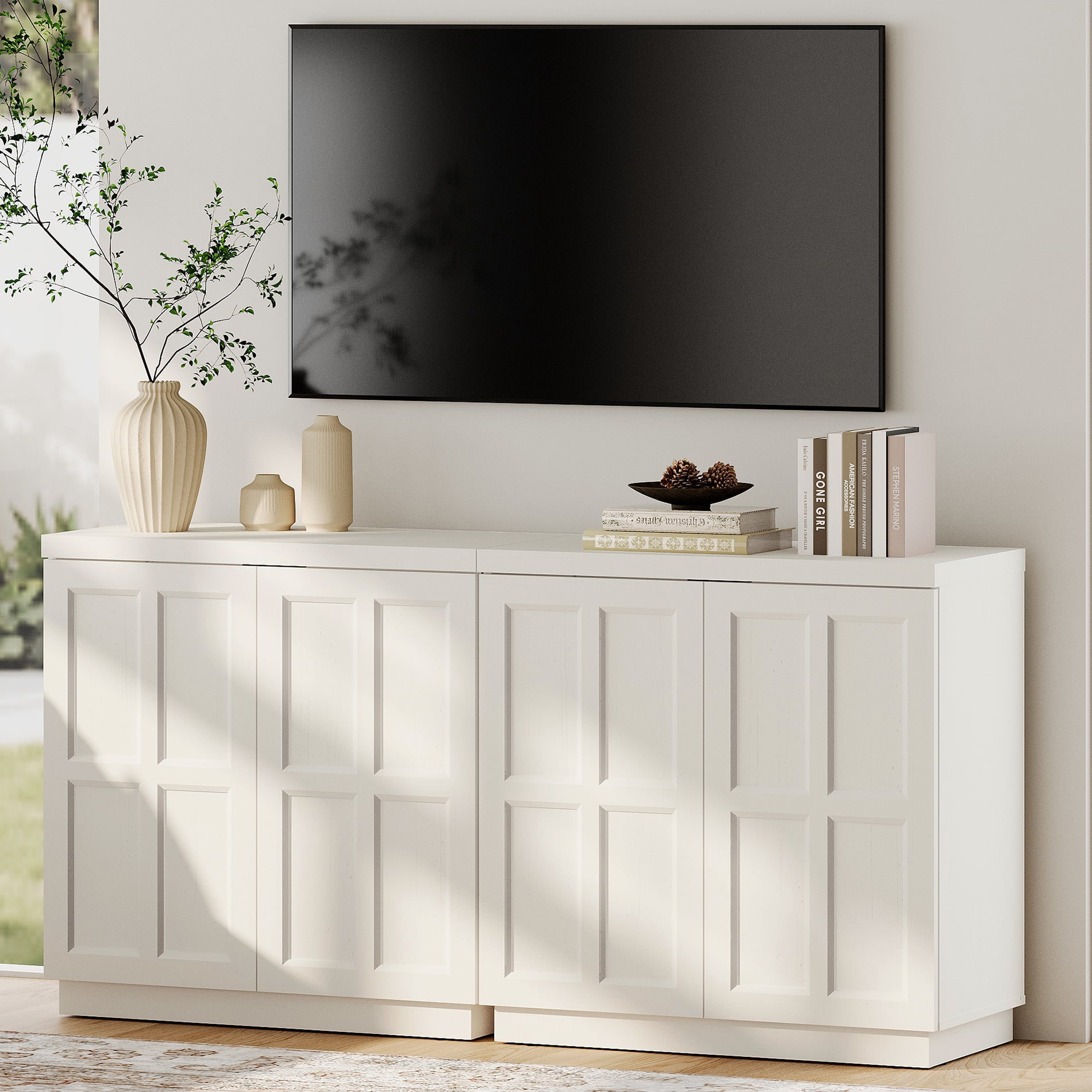 HOMOOI TV Stand for 40-70"TV, Boho 63" Wood Media Console with Doors, Adjustable Shelves and Cable Management Hole, Heavy-Duty Entertainment Center for Living Room, Bedroom,White