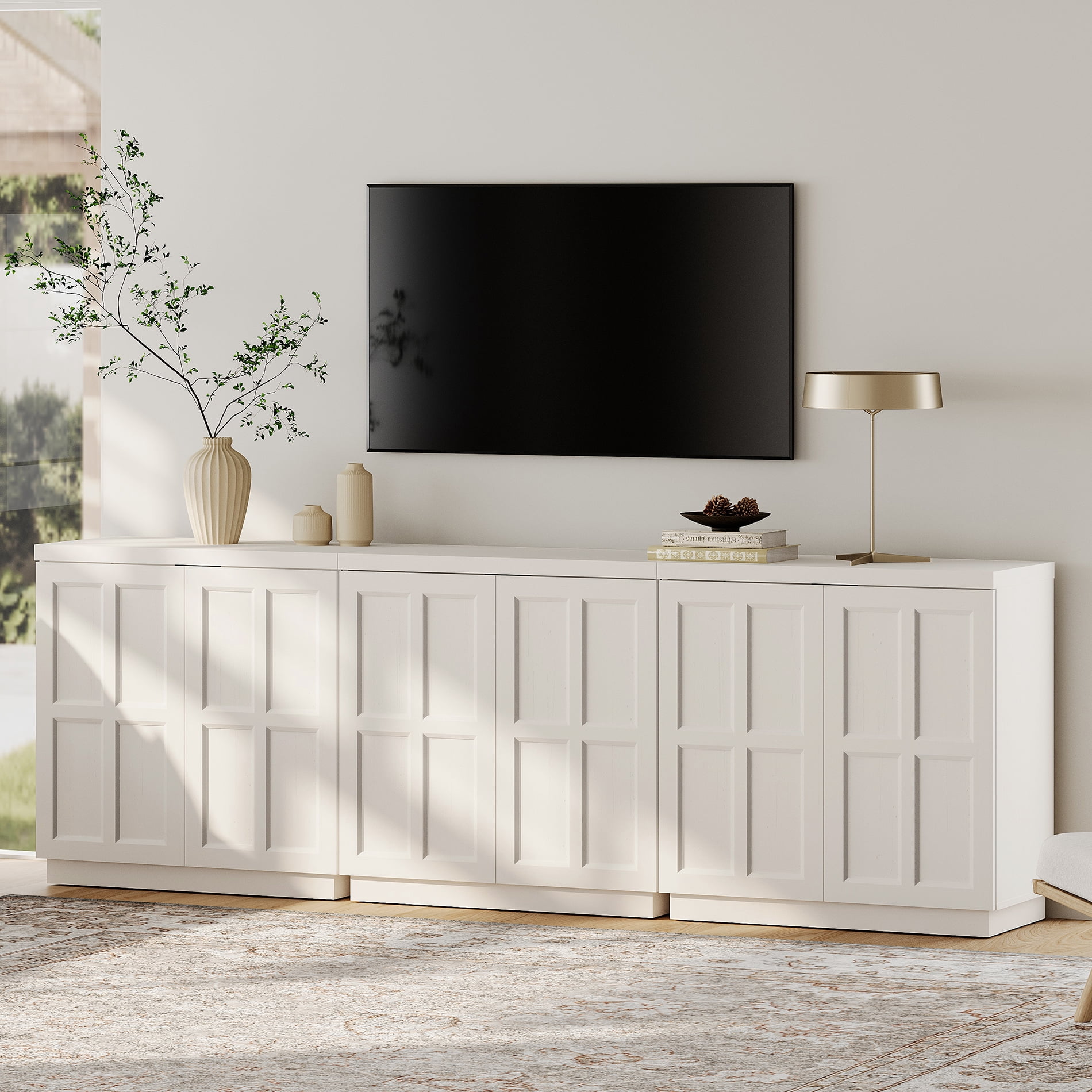 HOMOOI TV Stand for 70-100"TV, Boho 94.5" Wood Media Console with Doors, Adjustable Shelves and Cable Management Hole, Heavy-Duty Entertainment Center for Living Room, Bedroom,White