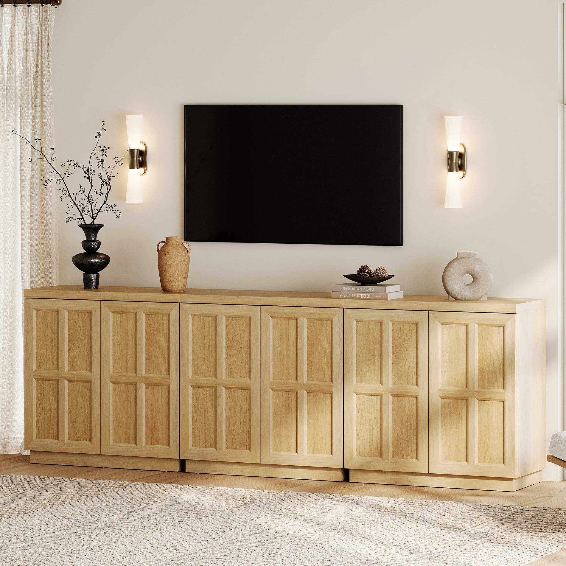 HOMOOI TV Stand for 70-100"TV, Boho 94.5" Wood Media Console with Doors, Adjustable Shelves and Cable Management Hole, Heavy-Duty Entertainment Center for Living Room, Bedroom,Oak
