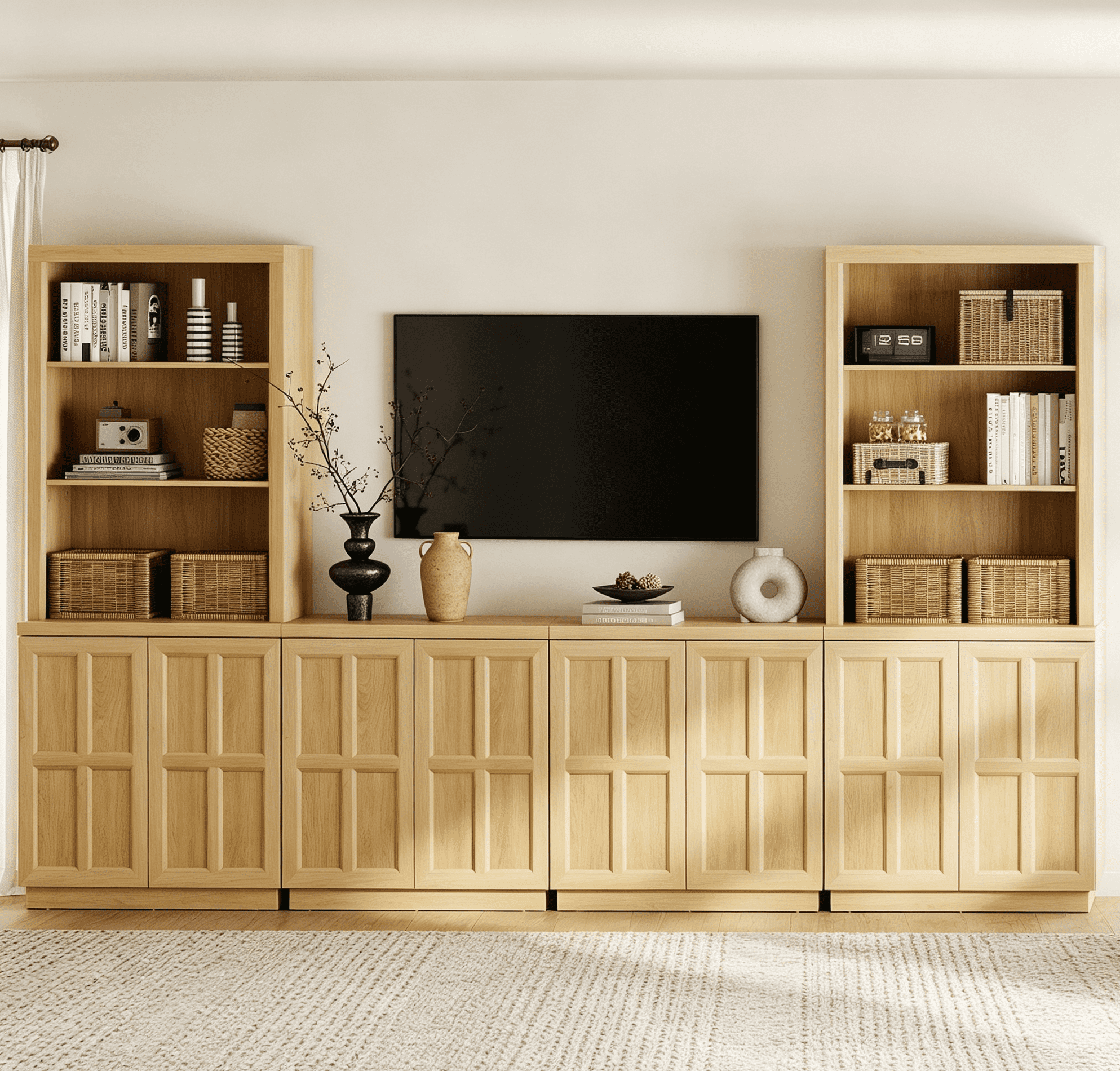 HOMOOI TV Stand up to 70" TV, Boho Thickened Anti-Wobble Wood Entertainment Center, 2 Independent Upper Bookcase Tops & 4-in-1 Rebound Door Media Cabinet for Living Room,Bedroom,Oak