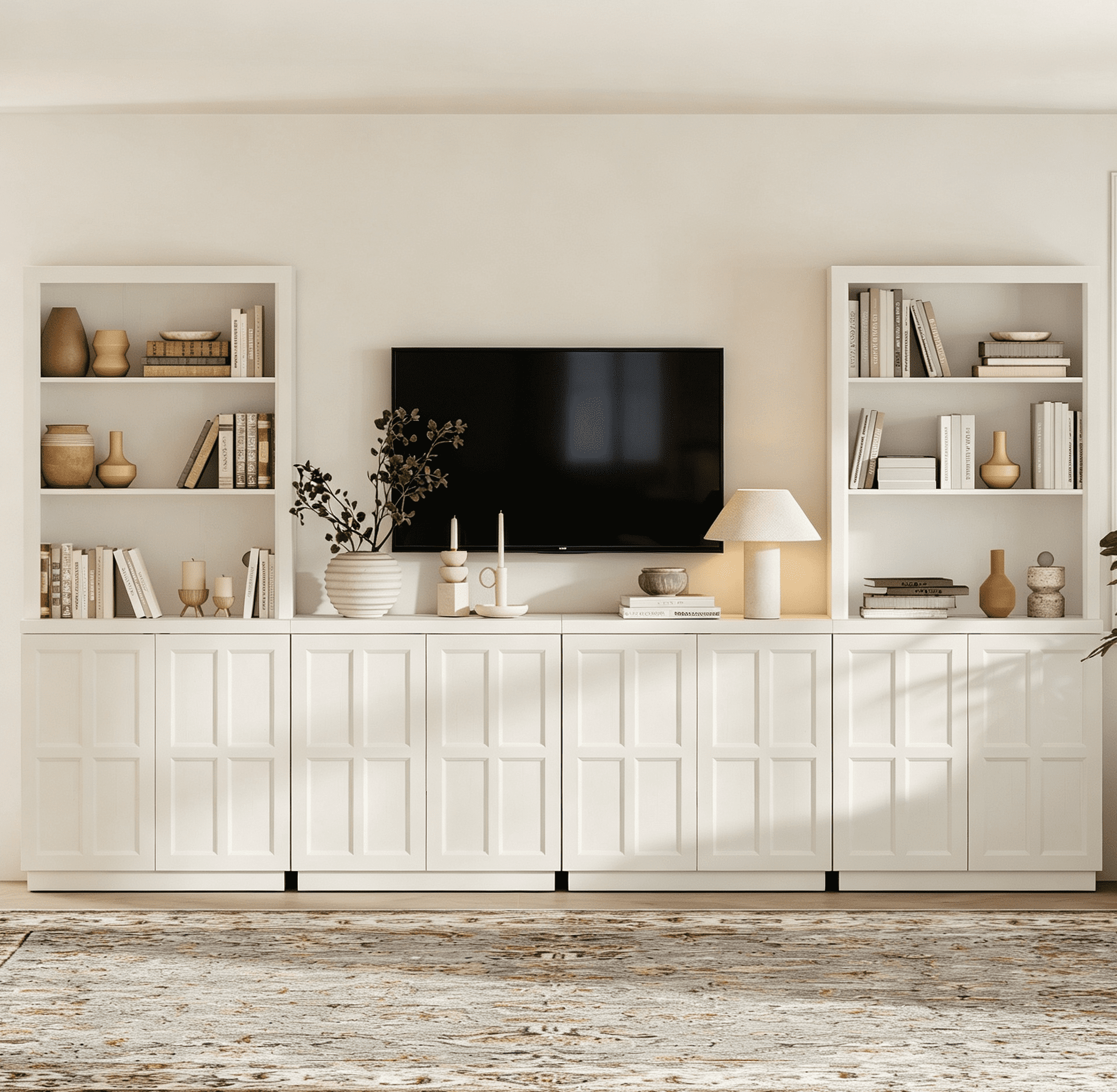 HOMOOI TV Stand up to 70" TV, Boho Thickened Anti-Wobble Wood Entertainment Center, 2 Independent Upper Bookcase Tops & 4-in-1 Rebound Door Media Cabinet for Living Room,Bedroom,White