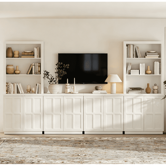 HOMOOI TV Stand up to 70" TV, Boho Thickened Anti-Wobble Wood Entertainment Center, 2 Independent Upper Bookcase Tops & 4-in-1 Rebound Door Media Cabinet for Living Room,Bedroom,White