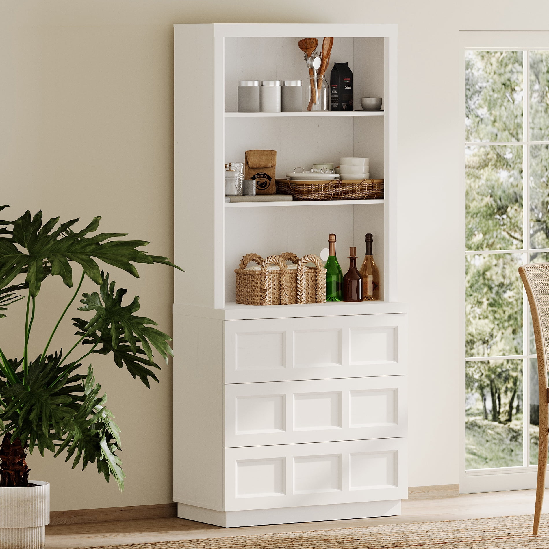 HOMOOI Wood Pantry Cabinet, Boho Freestanding Kitchen Storage Hutch with 1 Adjustable Open Shelves and 3-Large Drawers,Anti-Wobble Storage Organizer for Kitchen, Dining Room, Entryway,White