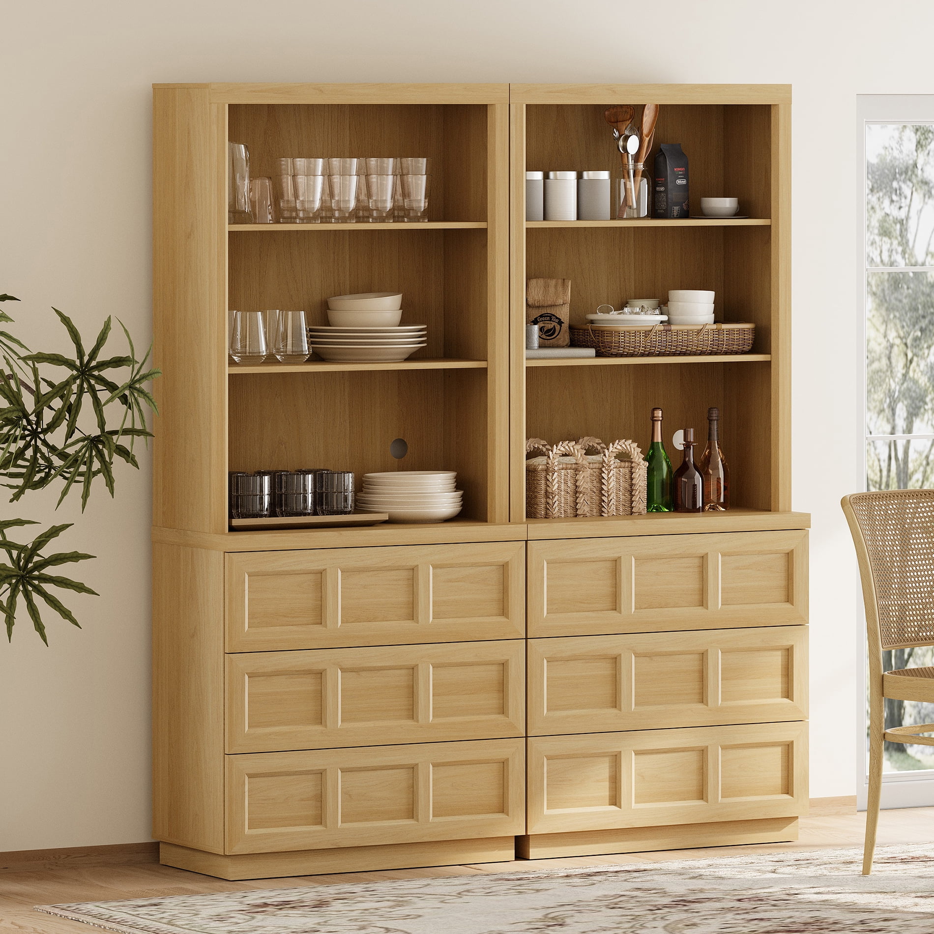 HOMOOI Wood Pantry Cabinet, Boho Freestanding Kitchen Storage Hutch with 2 Adjustable Open Shelves and 6-Large Drawers,Anti-Wobble Storage Organizer for Kitchen, Dining Room, Entryway,Oak