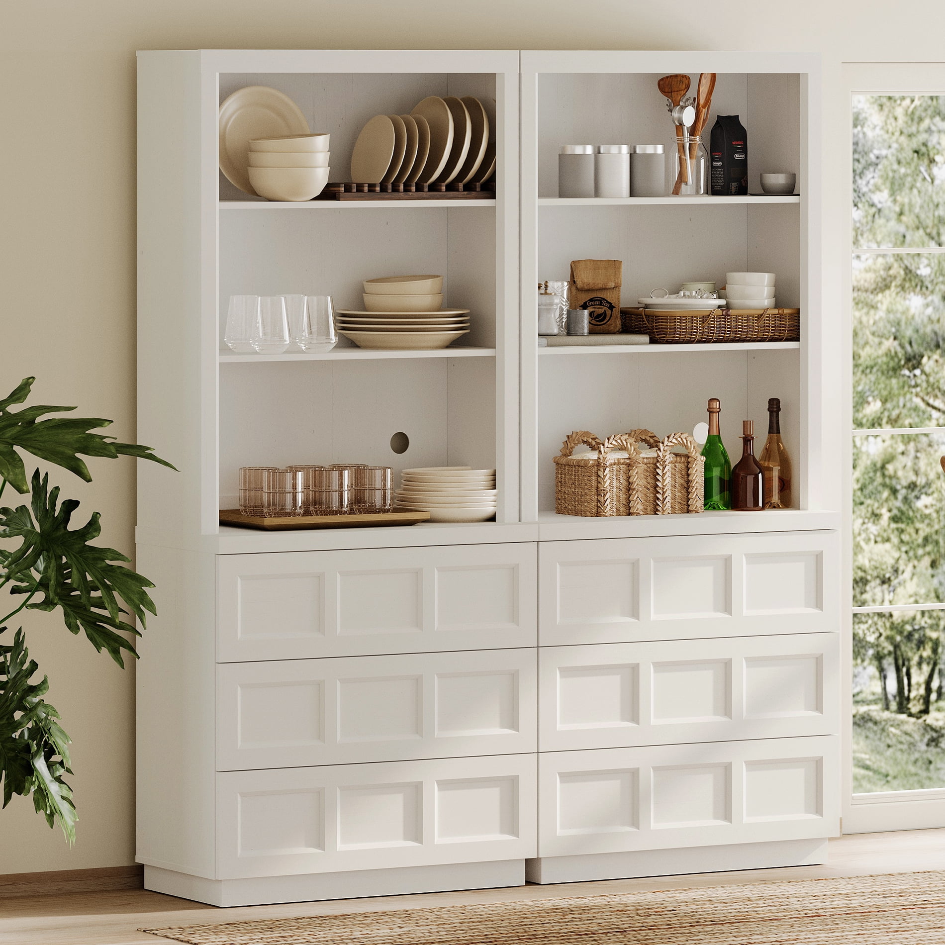 HOMOOI Wood Pantry Cabinet, Boho Freestanding Kitchen Storage Hutch with 2 Adjustable Open Shelves and 6-Large Drawers,Anti-Wobble Storage Organizer for Kitchen, Dining Room, Entryway,White