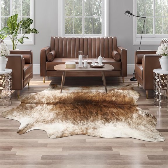 HOMORE Cowhide Rug, Cute Cow Print Rug for Living Room Faux Cow Hide Animal Print Carpet for Bedroom Office Table,4.6'x5.2',Yellow